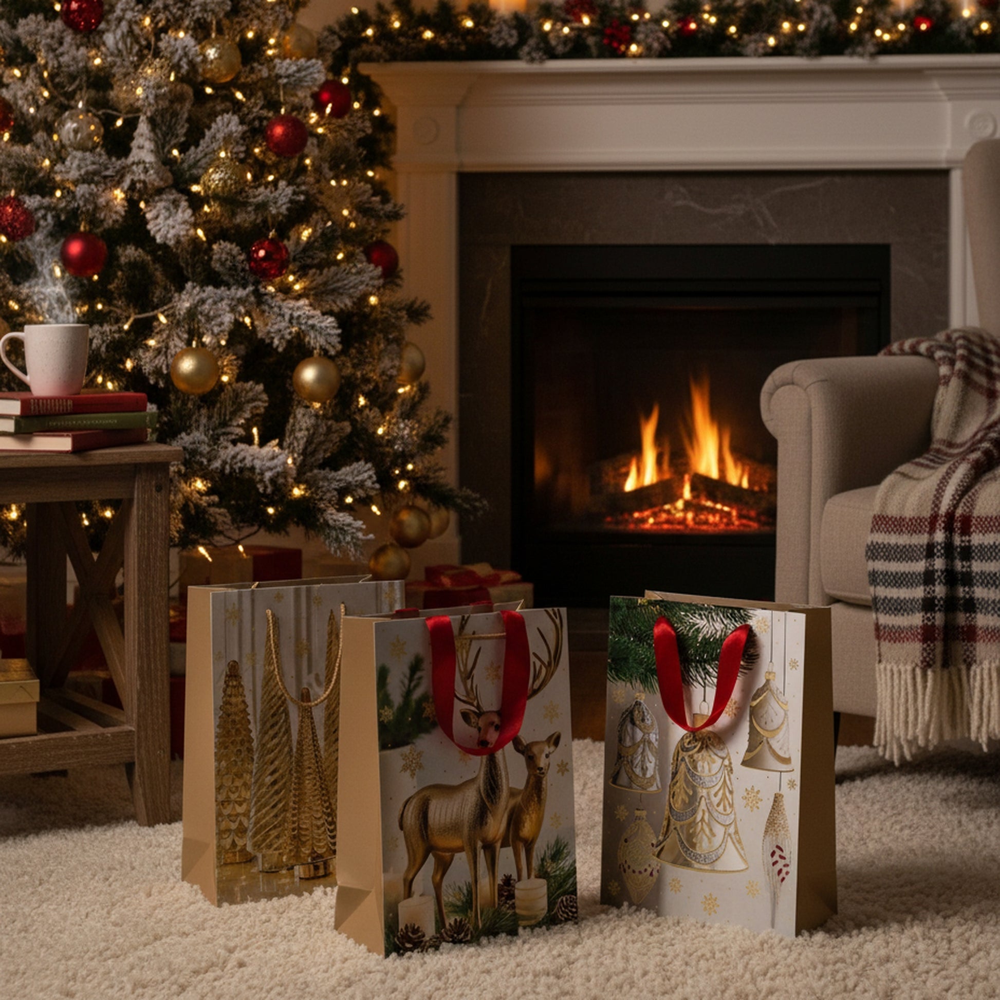 Christmas Gift Bags Gold Decor and Ornaments Assorted Medium, Christmas, Holiday Decor- Set of 12