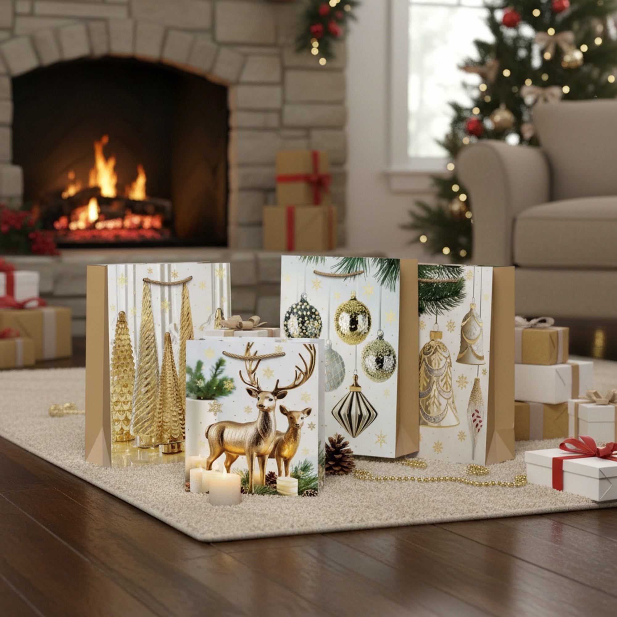 Christmas Gift Bags Gold Decor and Ornaments Assorted Medium, Christmas, Holiday Decor- Set of 12