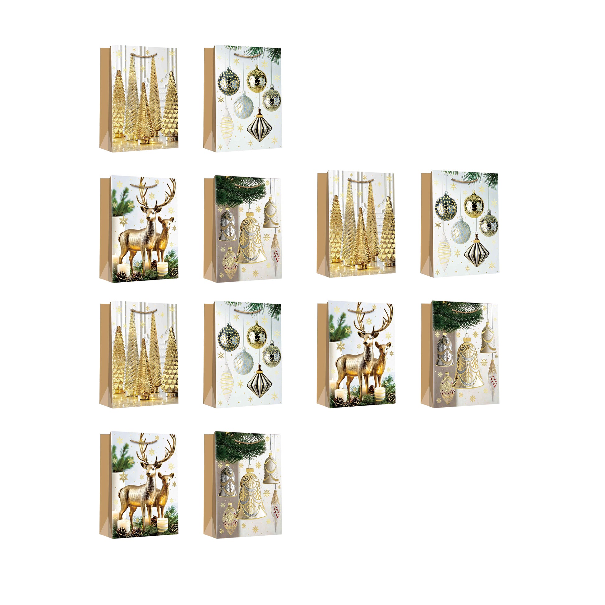Christmas Gift Bags Gold Decor and Ornaments Assorted Medium, Christmas, Holiday Decor- Set of 12