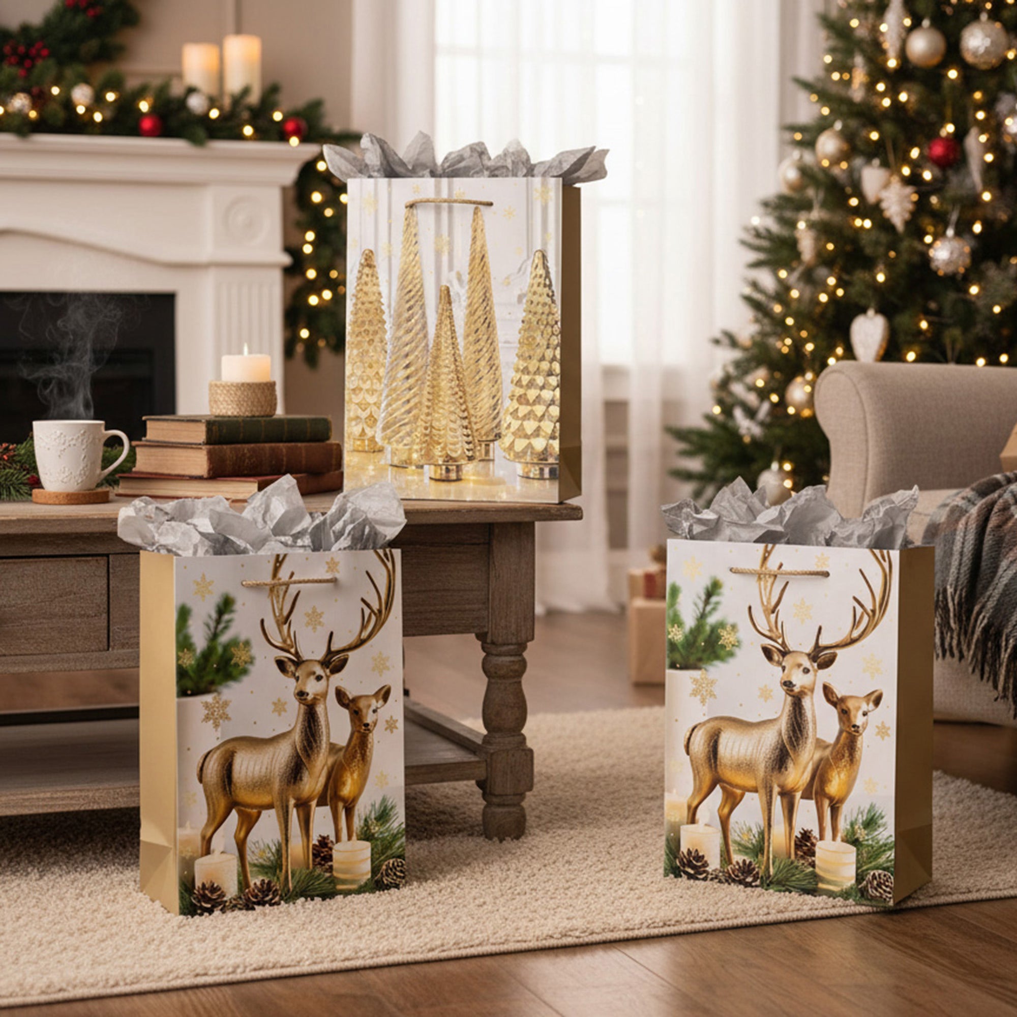 Christmas Gift Bags Gold Decor and Ornaments Assorted Large, Christmas, Holiday Decor- Set of 12