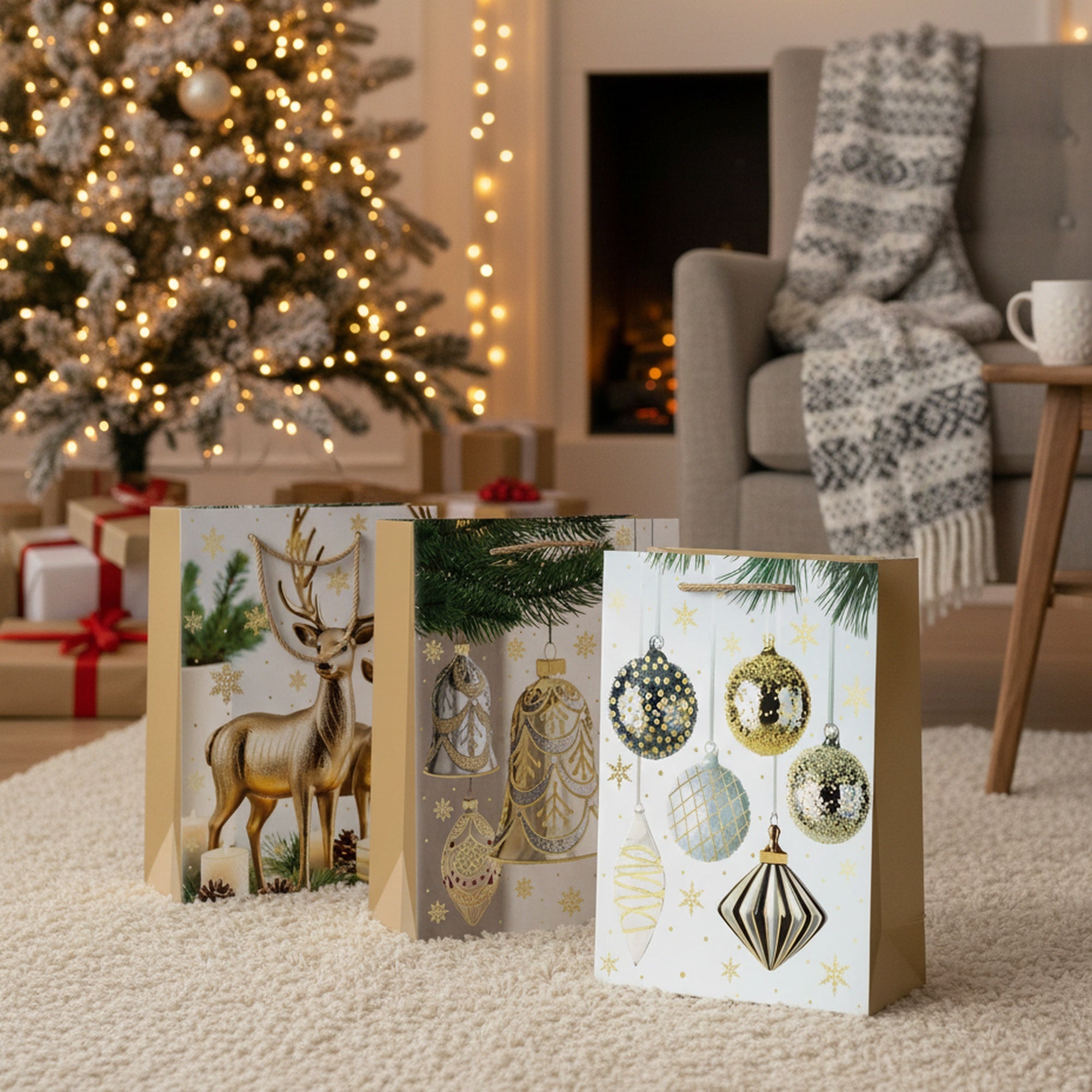 Christmas Gift Bags Gold Decor and Ornaments Assorted Large, Christmas, Holiday Decor- Set of 12