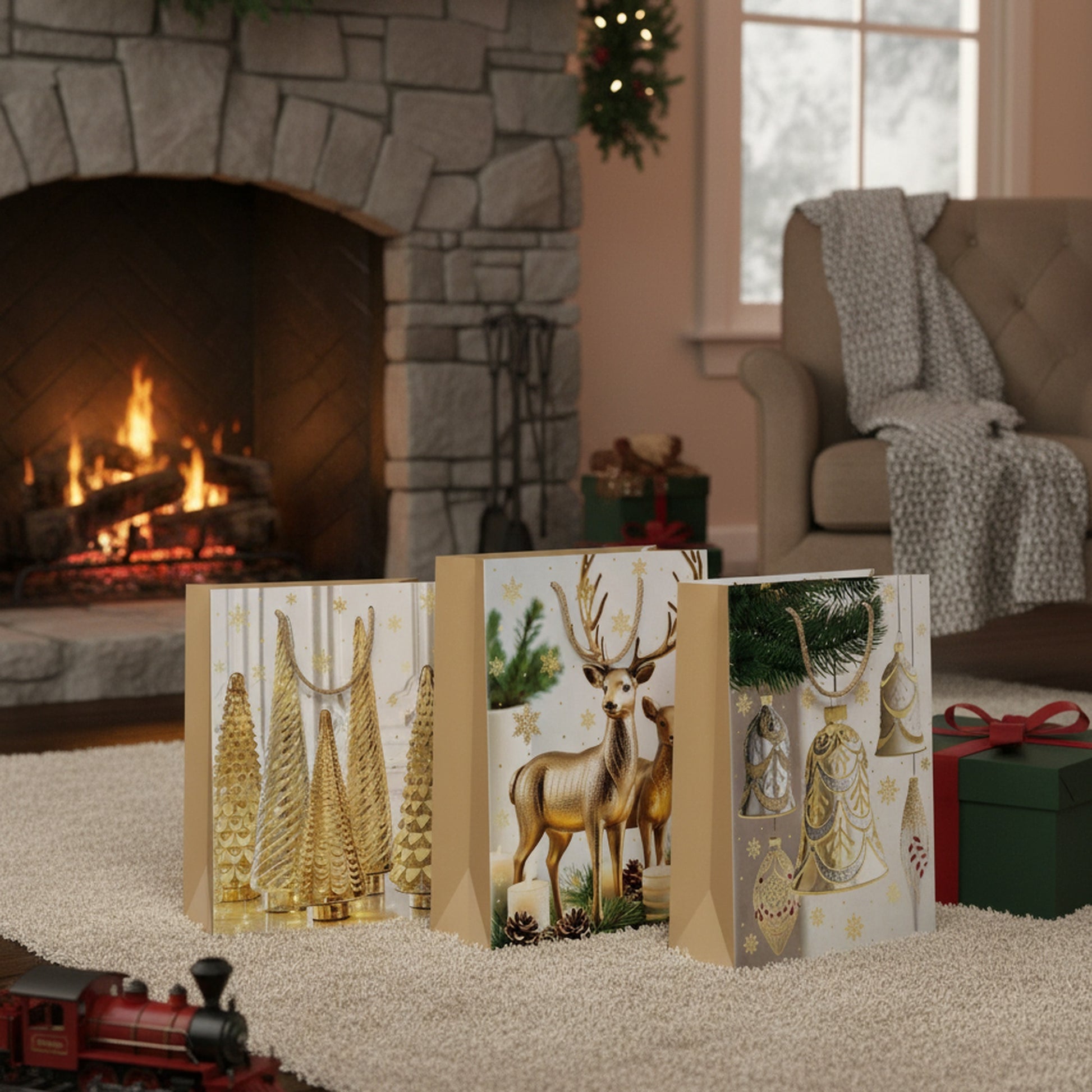 Christmas Gift Bags Gold Decor and Ornaments Assorted Large, Christmas, Holiday Decor- Set of 12