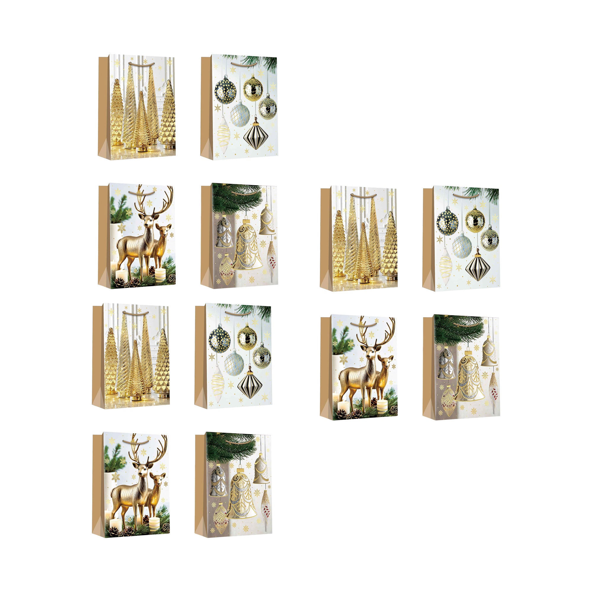 Christmas Gift Bags Gold Decor and Ornaments Assorted Large, Christmas, Holiday Decor- Set of 12