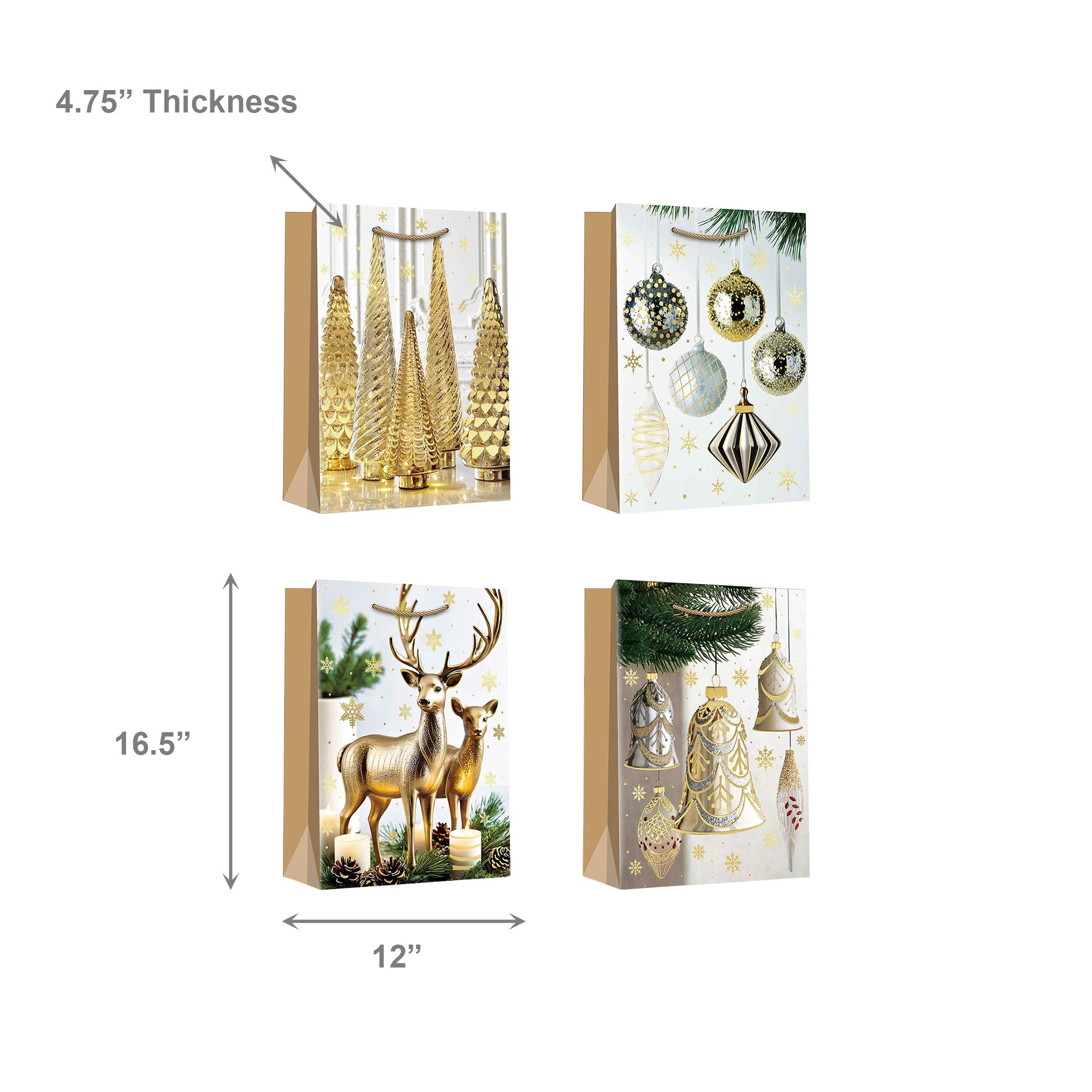 Christmas Gift Bags Gold Decor and Ornaments Assorted Extra Large, Christmas, Holiday Decor- Set of 12