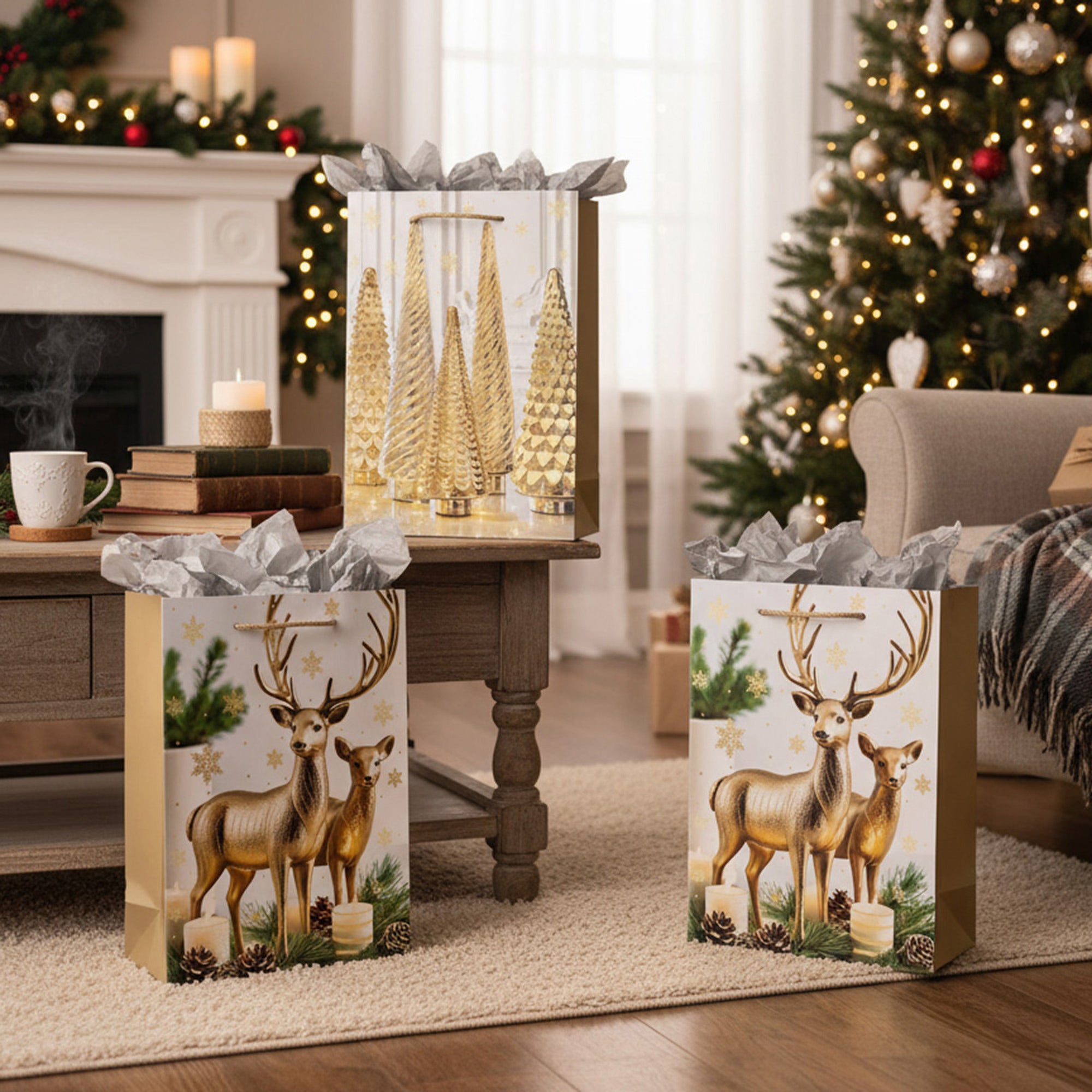 Christmas Gift Bags Gold Decor and Ornaments Assorted Extra Large, Christmas, Holiday Decor- Set of 12