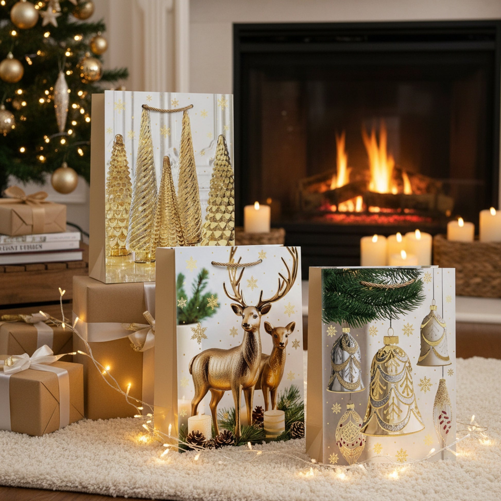 Christmas Gift Bags Gold Decor and Ornaments Assorted Extra Large, Christmas, Holiday Decor- Set of 12