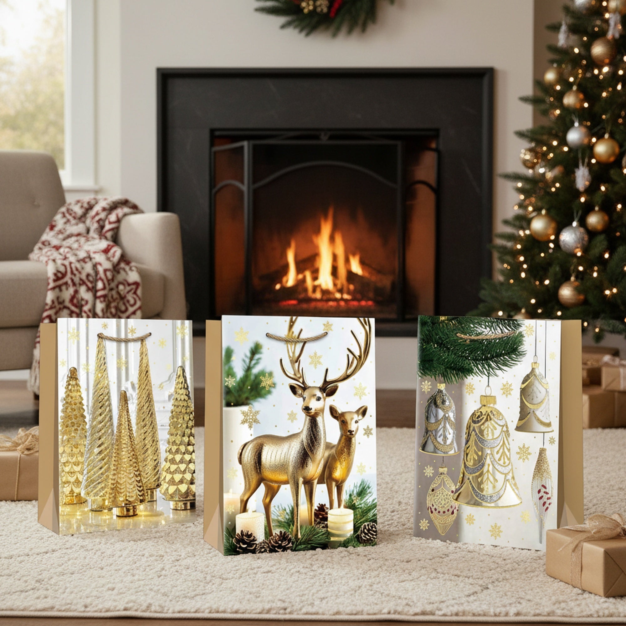 Christmas Gift Bags Gold Decor and Ornaments Assorted Extra Large, Christmas, Holiday Decor- Set of 12
