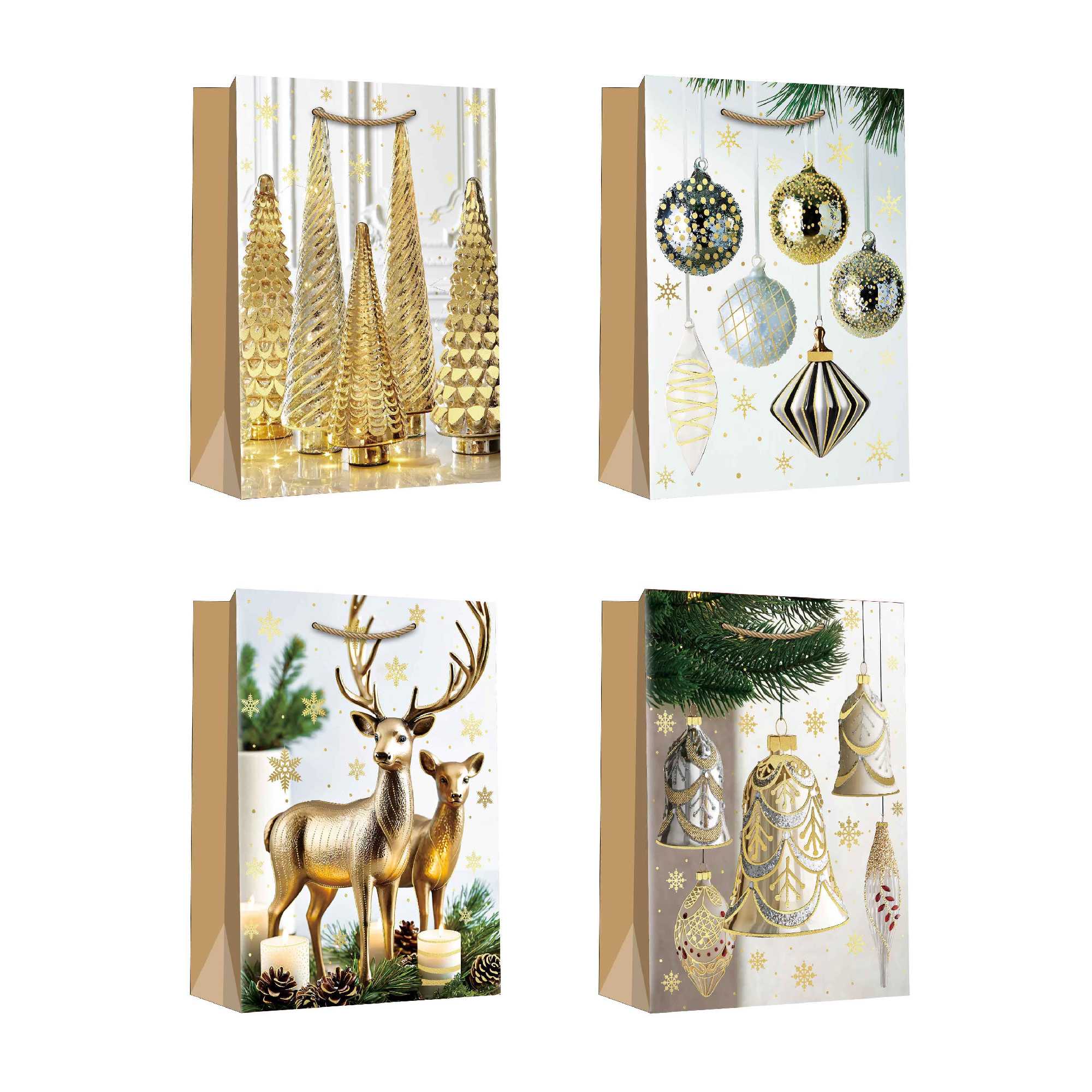 Christmas Gift Bags Gold Decor and Ornaments Assorted Extra Large, Christmas, Holiday Decor- Set of 12