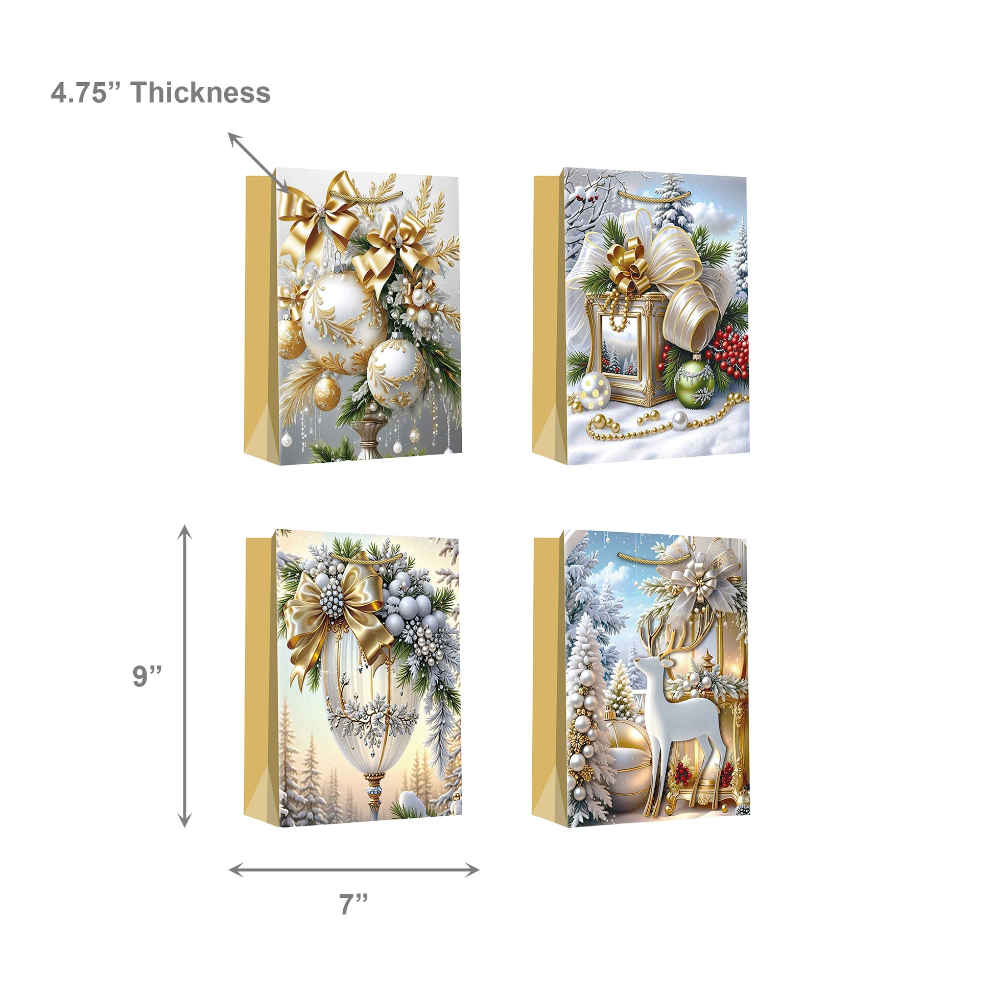 Christmas Gift Bags Gold Winter Decorations Assorted Medium, Christmas, Holiday Decor- Set of 12