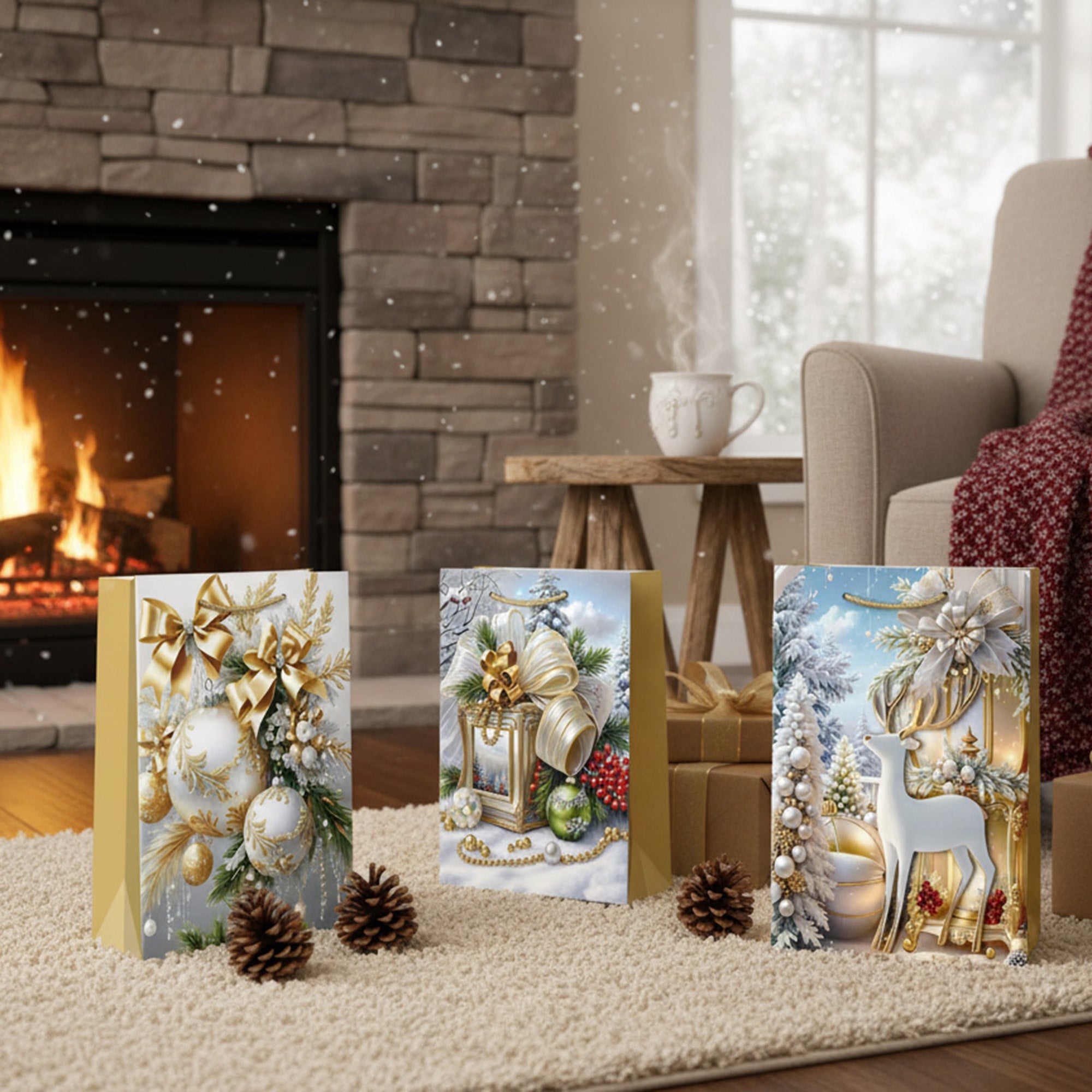 Christmas Gift Bags Gold Winter Decorations Assorted Medium, Christmas, Holiday Decor- Set of 12