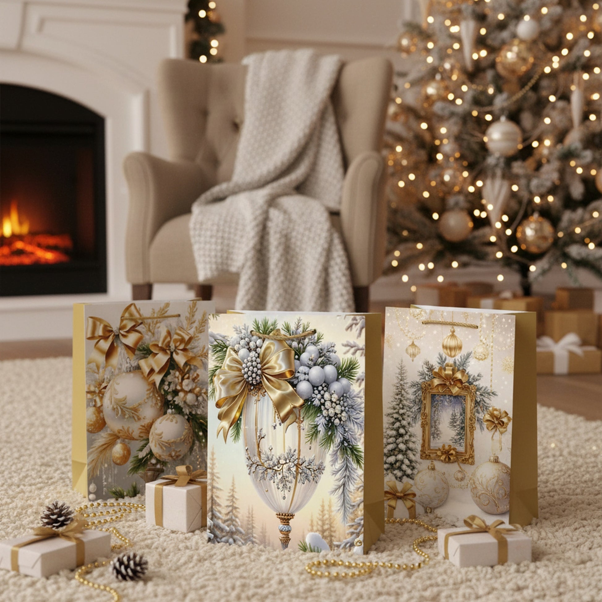 Christmas Gift Bags Gold Winter Decorations Assorted Medium, Christmas, Holiday Decor- Set of 12