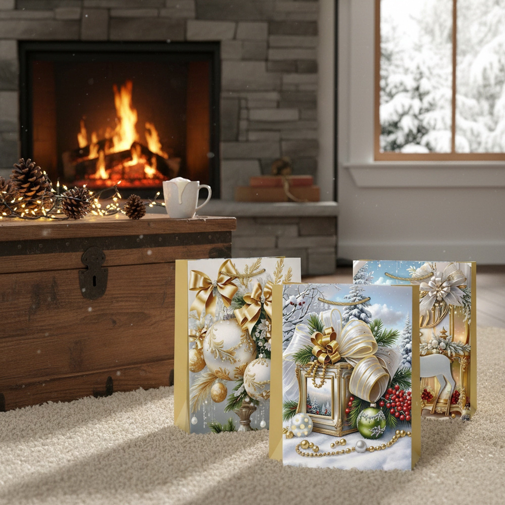 Christmas Gift Bags Gold Winter Decorations Assorted Medium, Christmas, Holiday Decor- Set of 12