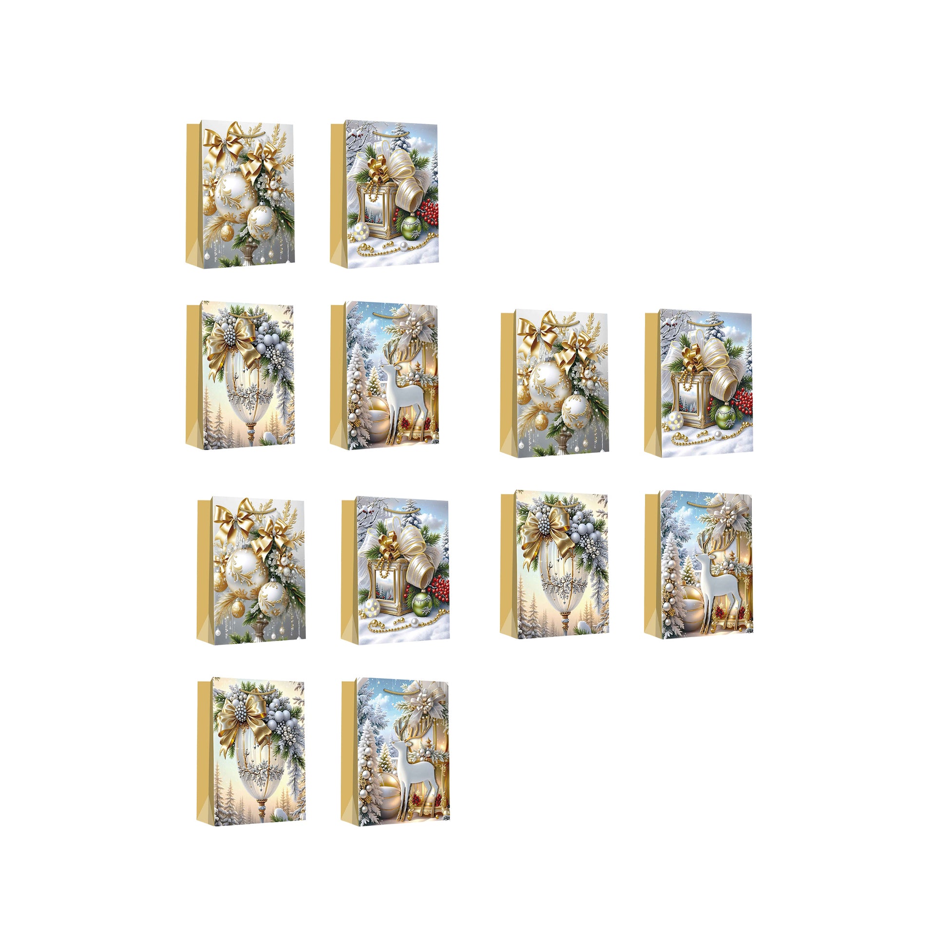 Christmas Gift Bags Gold Winter Decorations Assorted Medium, Christmas, Holiday Decor- Set of 12