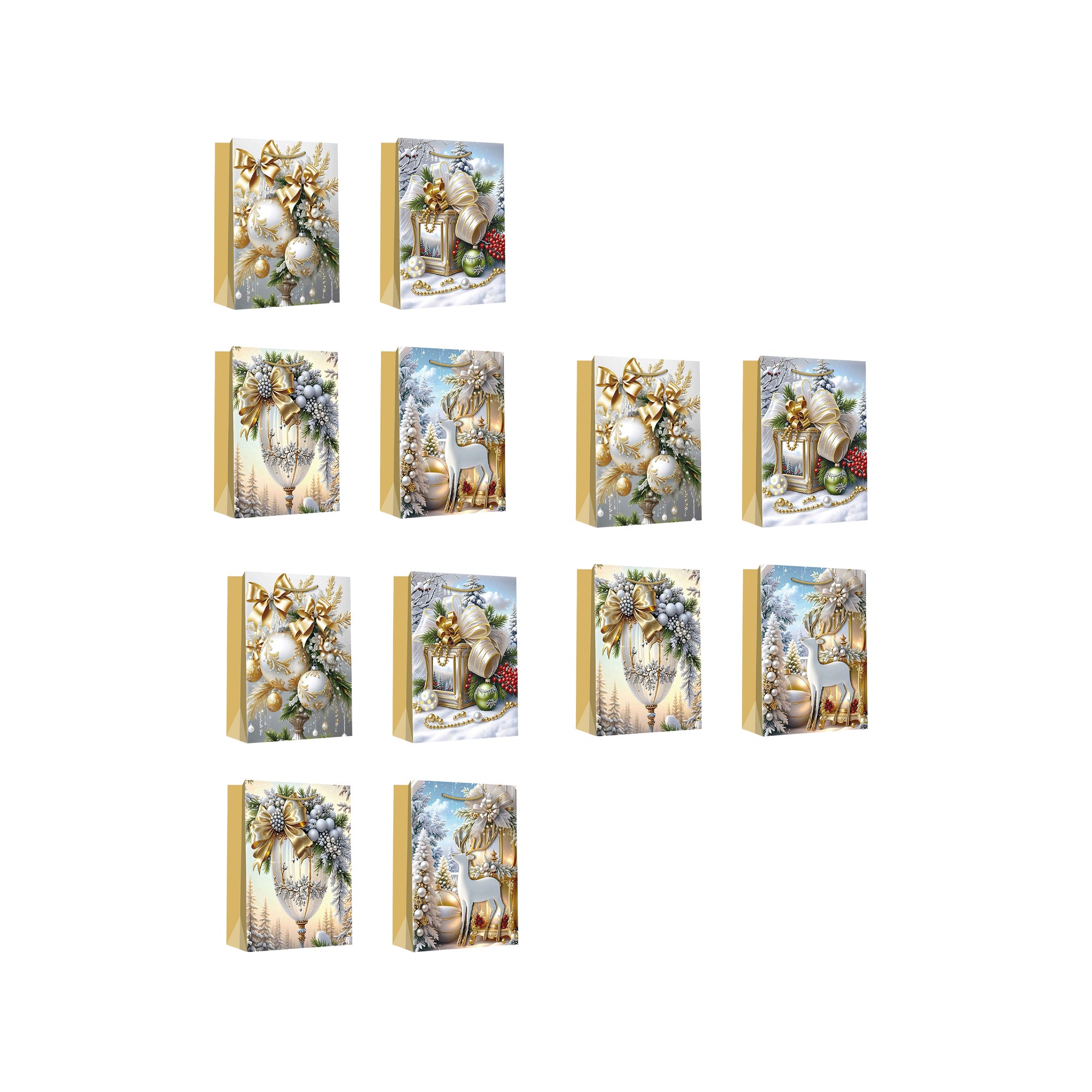 Christmas Gift Bags Gold Winter Decorations Assorted Medium, Christmas, Holiday Decor- Set of 12
