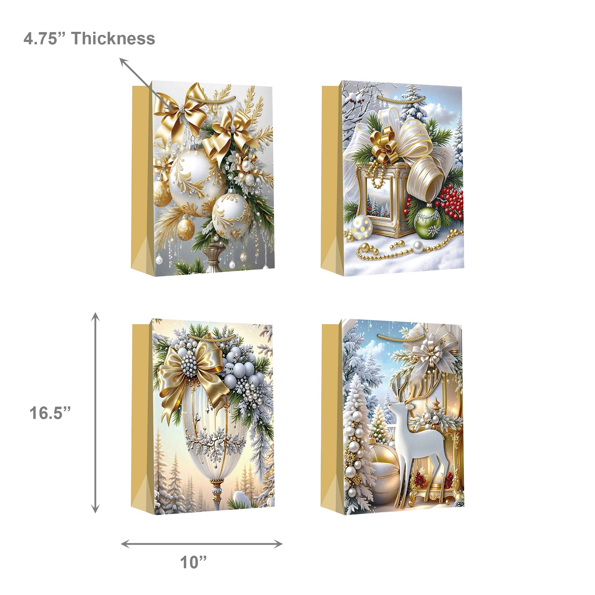 Christmas Gift Bags Gold Winter Decorations Assorted Large, Christmas, Holiday Decor- Set of 12