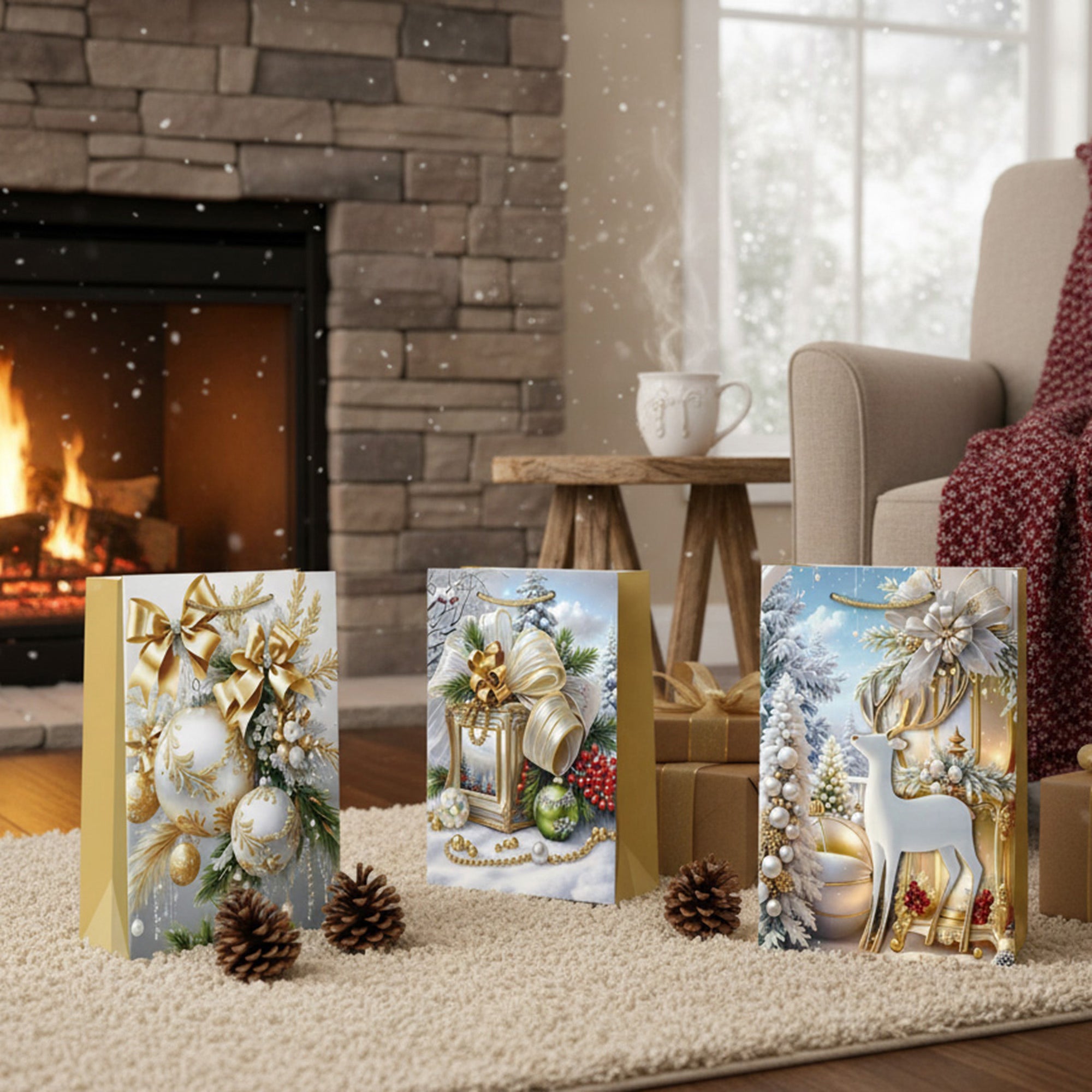 Christmas Gift Bags Gold Winter Decorations Assorted Large, Christmas, Holiday Decor- Set of 12