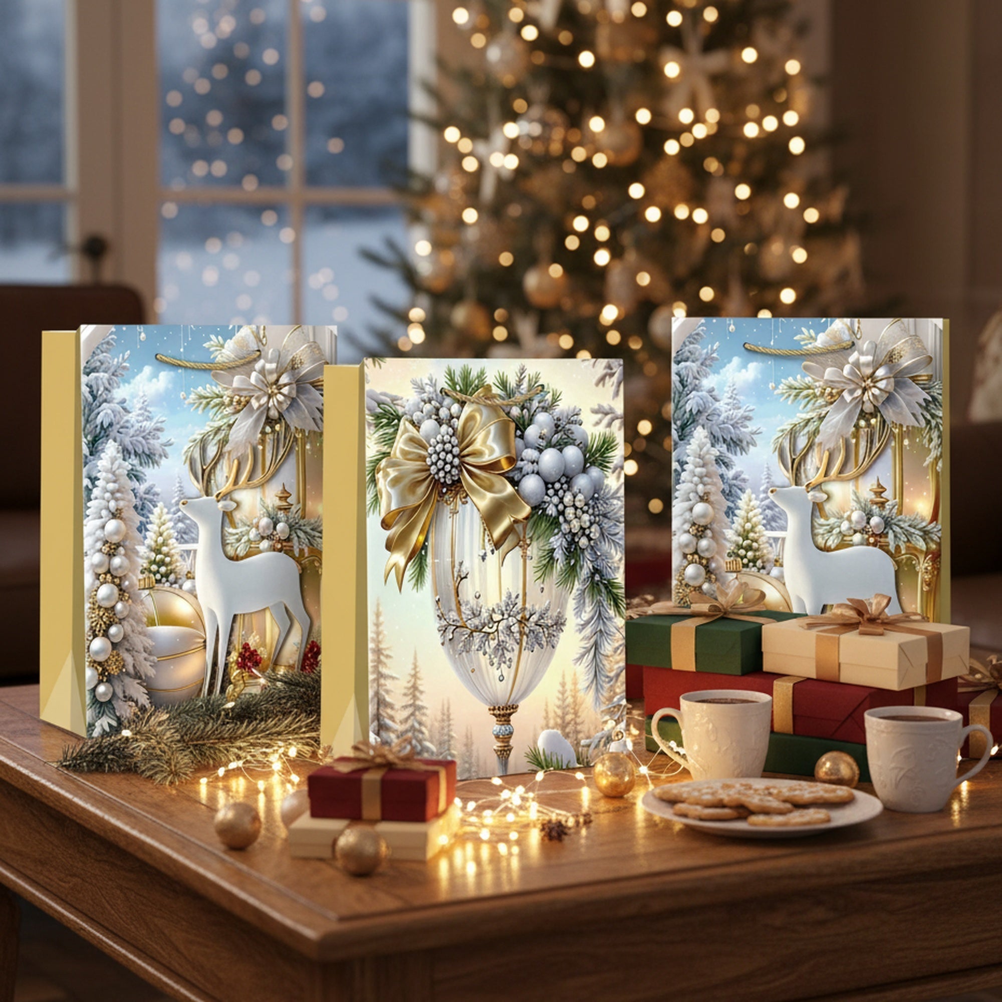 Christmas Gift Bags Gold Winter Decorations Assorted Large, Christmas, Holiday Decor- Set of 12