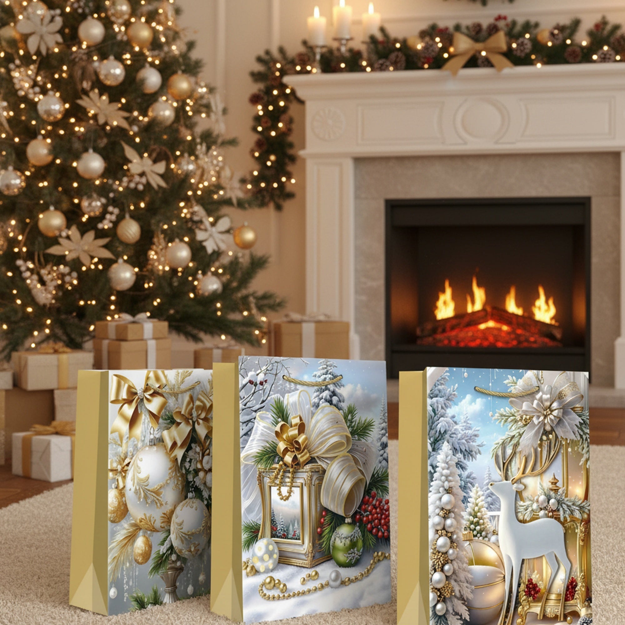 Christmas Gift Bags Gold Winter Decorations Assorted Large, Christmas, Holiday Decor- Set of 12