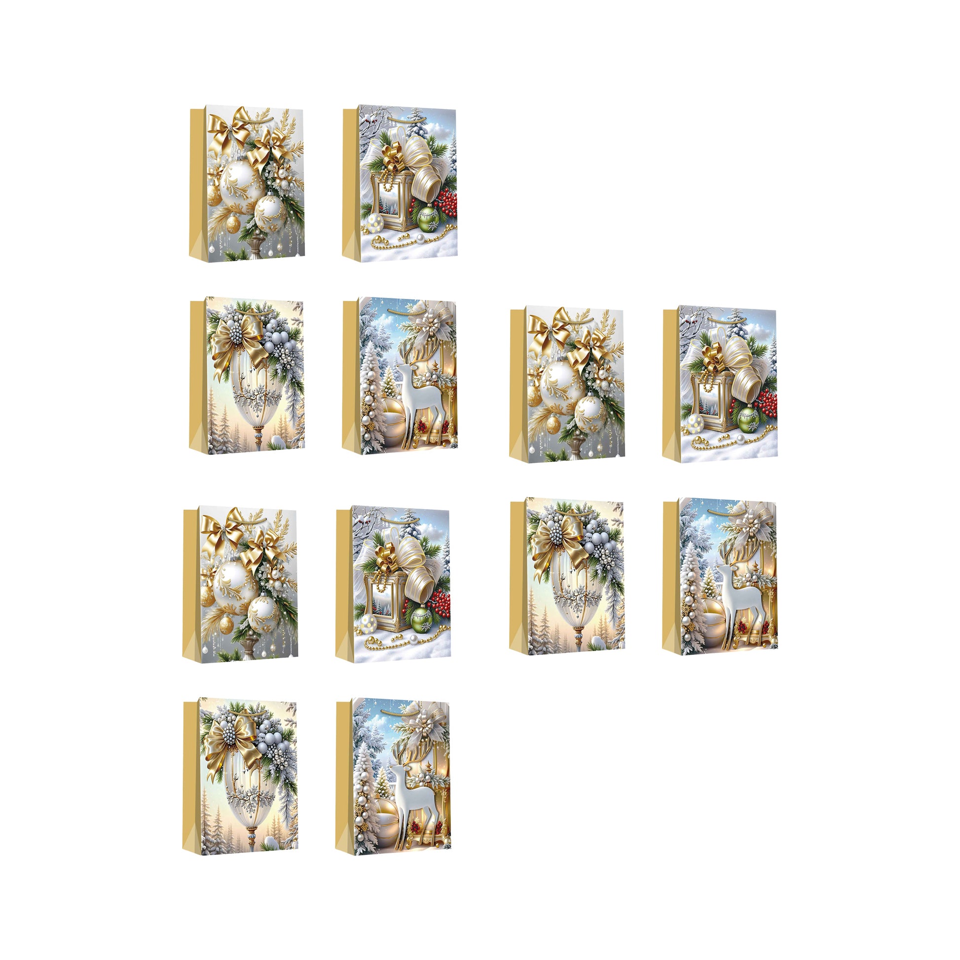 Christmas Gift Bags Gold Winter Decorations Assorted Large, Christmas, Holiday Decor- Set of 12