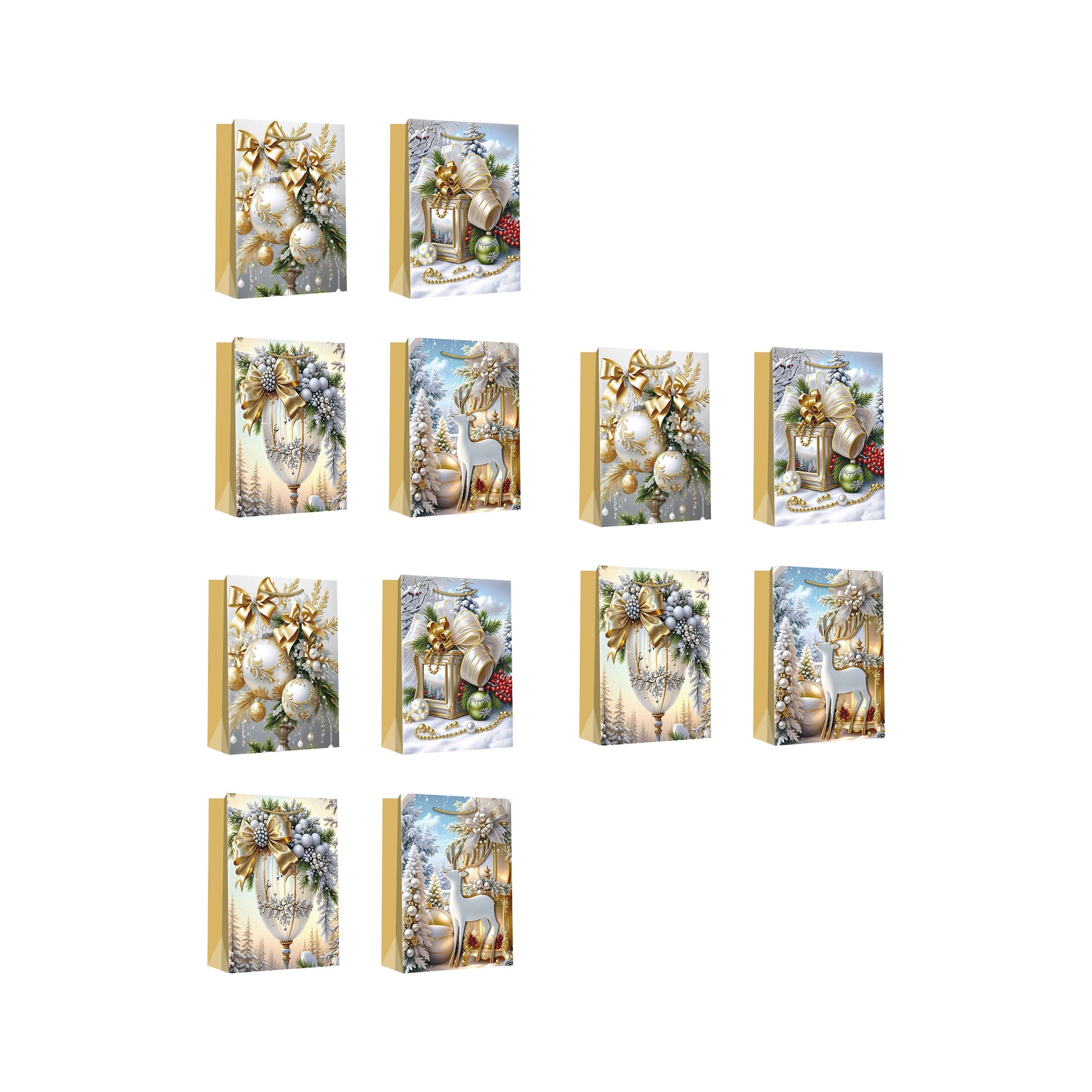 Christmas Gift Bags Gold Winter Decorations Assorted Large, Christmas, Holiday Decor- Set of 12