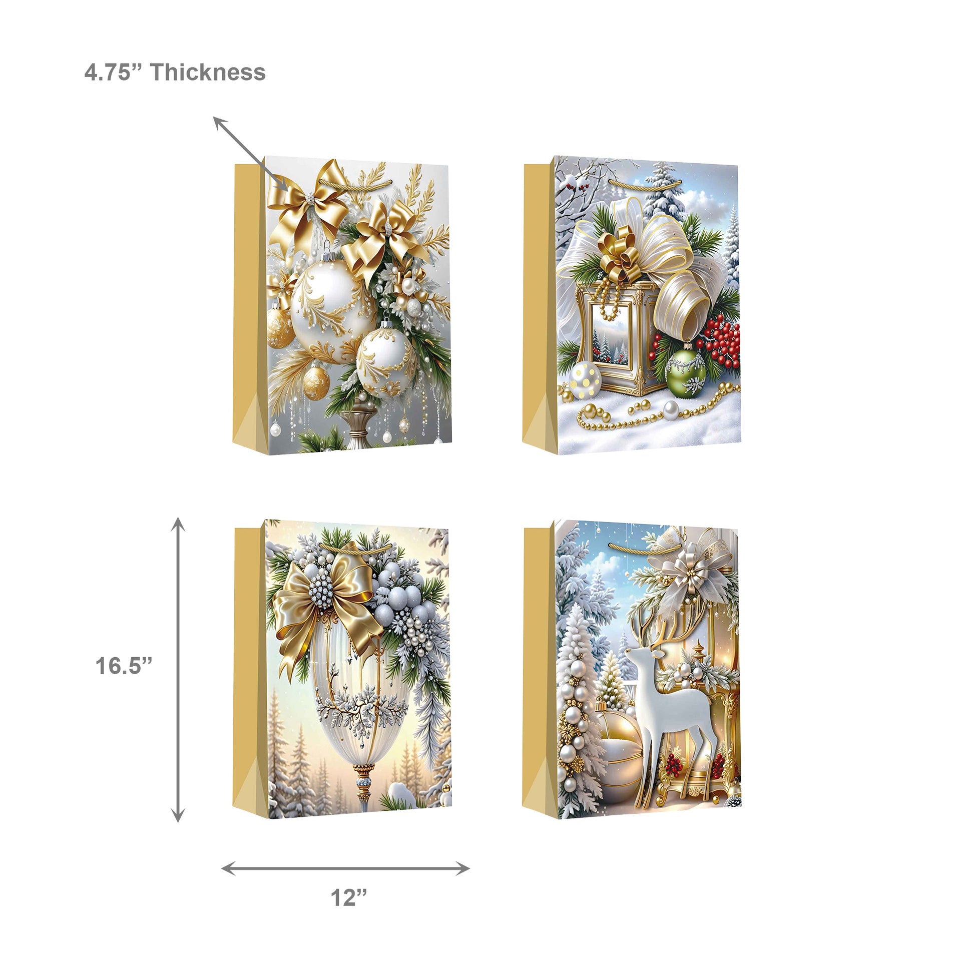 Christmas Gift Bags Gold Winter Decorations Assorted Extra Large, Christmas, Holiday Decor- Set of 12