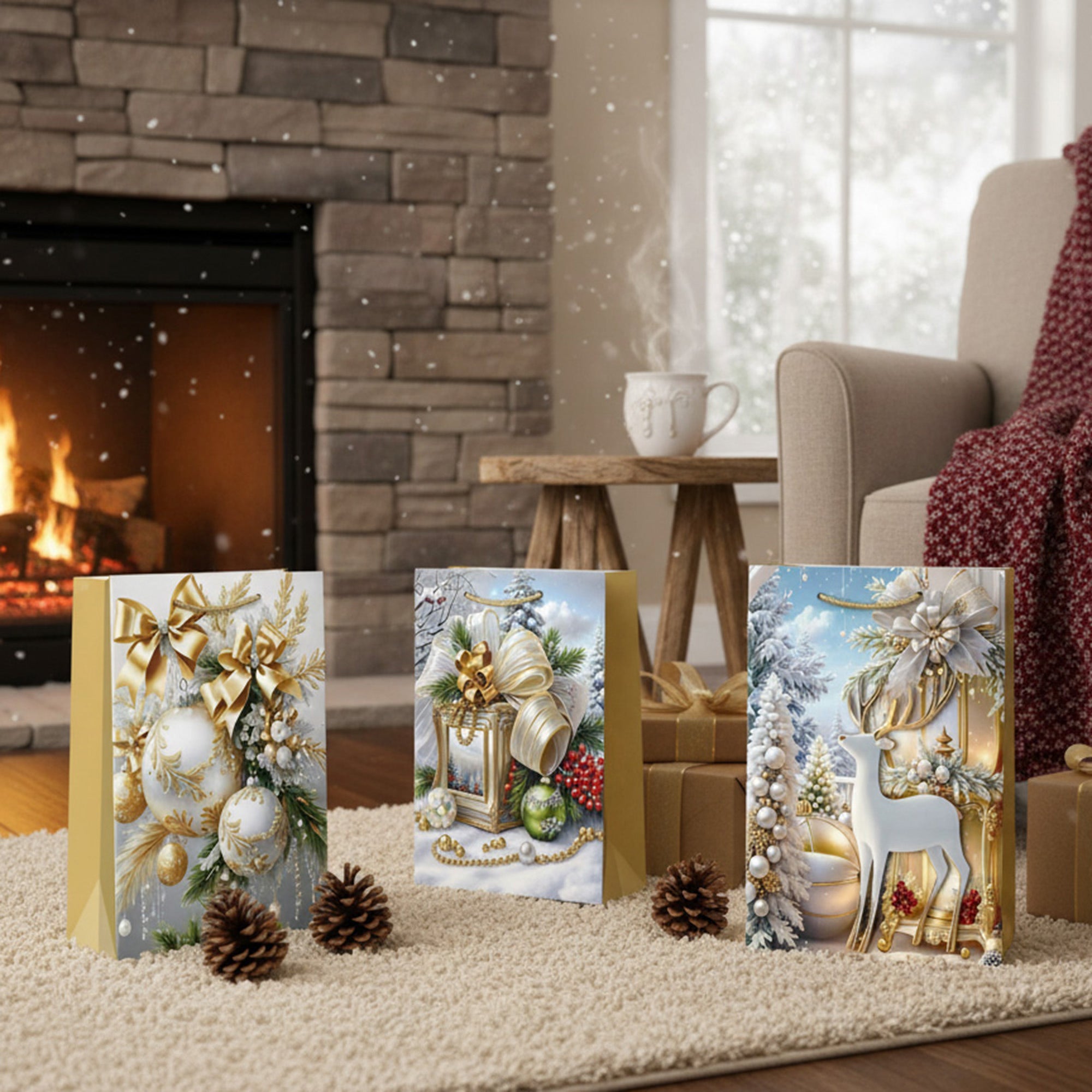 Christmas Gift Bags Gold Winter Decorations Assorted Extra Large, Christmas, Holiday Decor- Set of 12