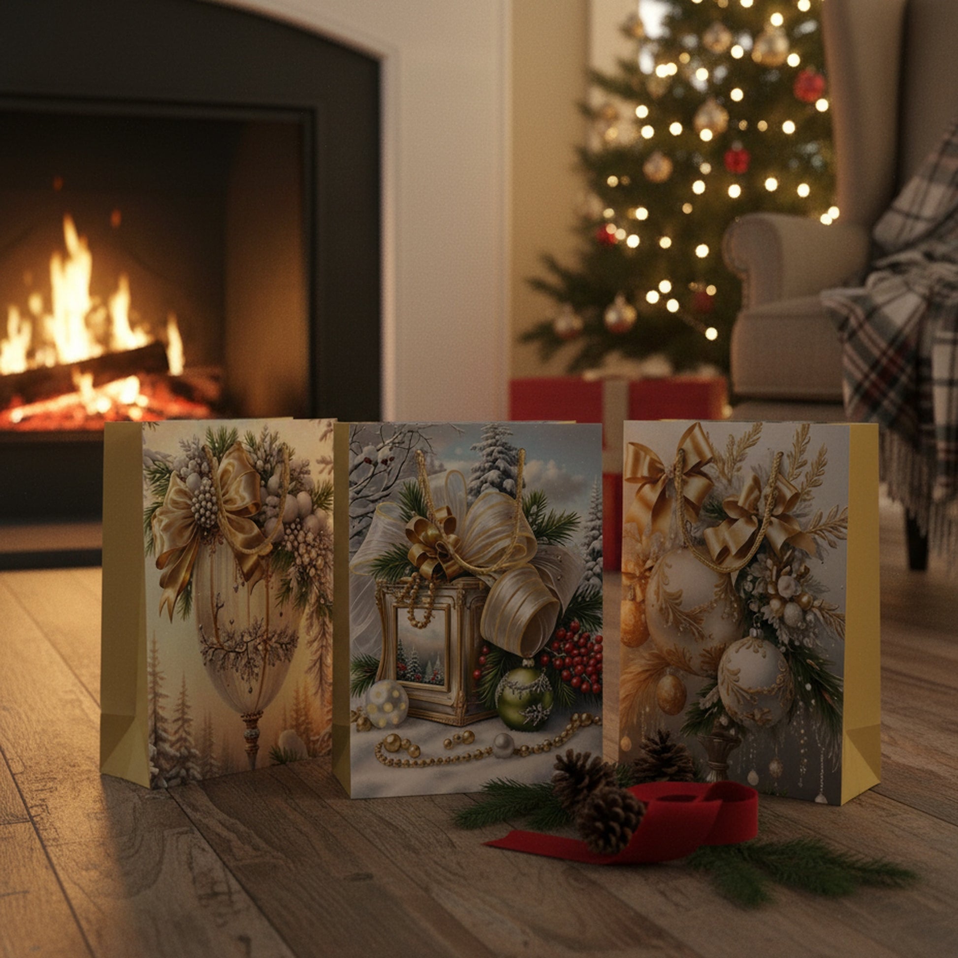 Christmas Gift Bags Gold Winter Decorations Assorted Extra Large, Christmas, Holiday Decor- Set of 12