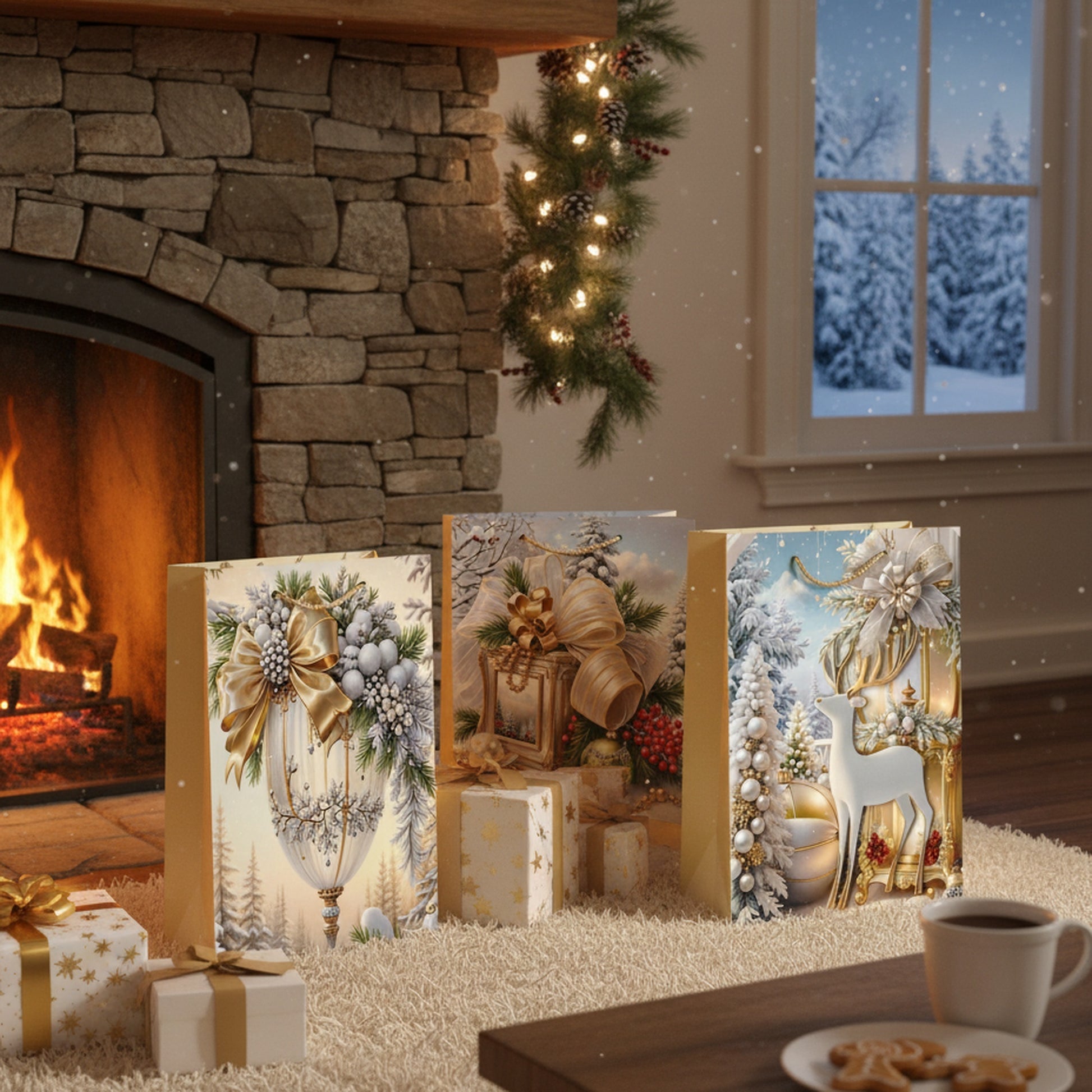 Christmas Gift Bags Gold Winter Decorations Assorted Extra Large, Christmas, Holiday Decor- Set of 12