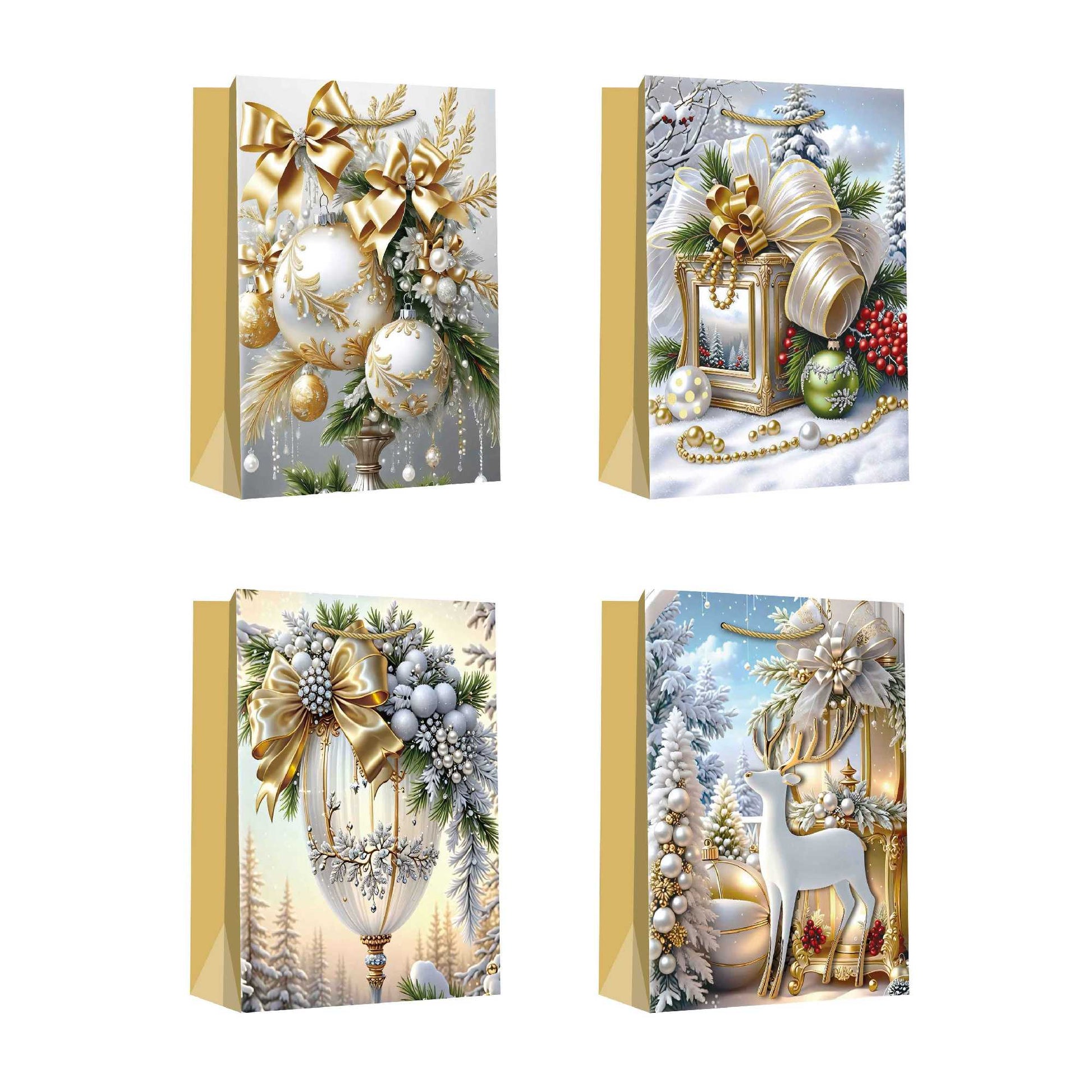 Christmas Gift Bags Gold Winter Decorations Assorted Extra Large, Christmas, Holiday Decor- Set of 12