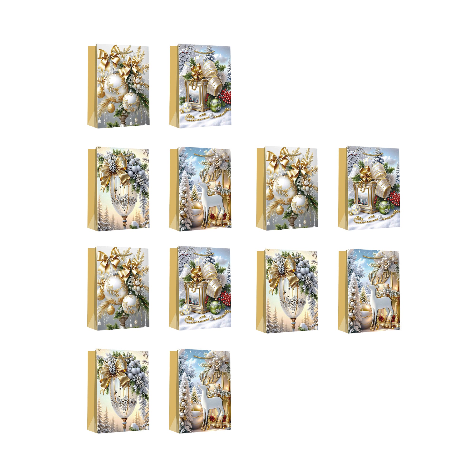 Christmas Gift Bags Gold Winter Decorations Assorted Extra Large, Christmas, Holiday Decor- Set of 12