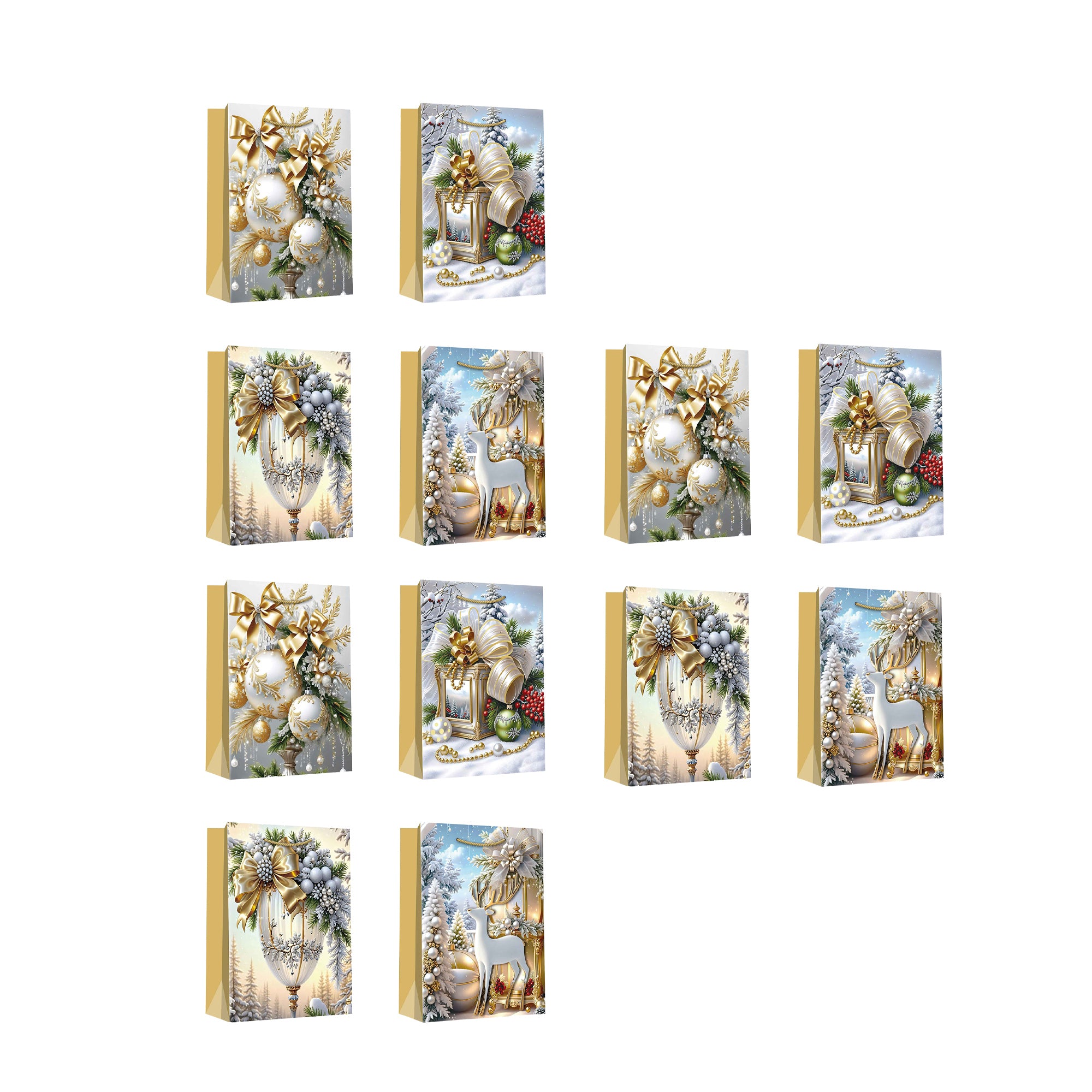 Christmas Gift Bags Gold Winter Decorations Assorted Extra Large, Christmas, Holiday Decor- Set of 12