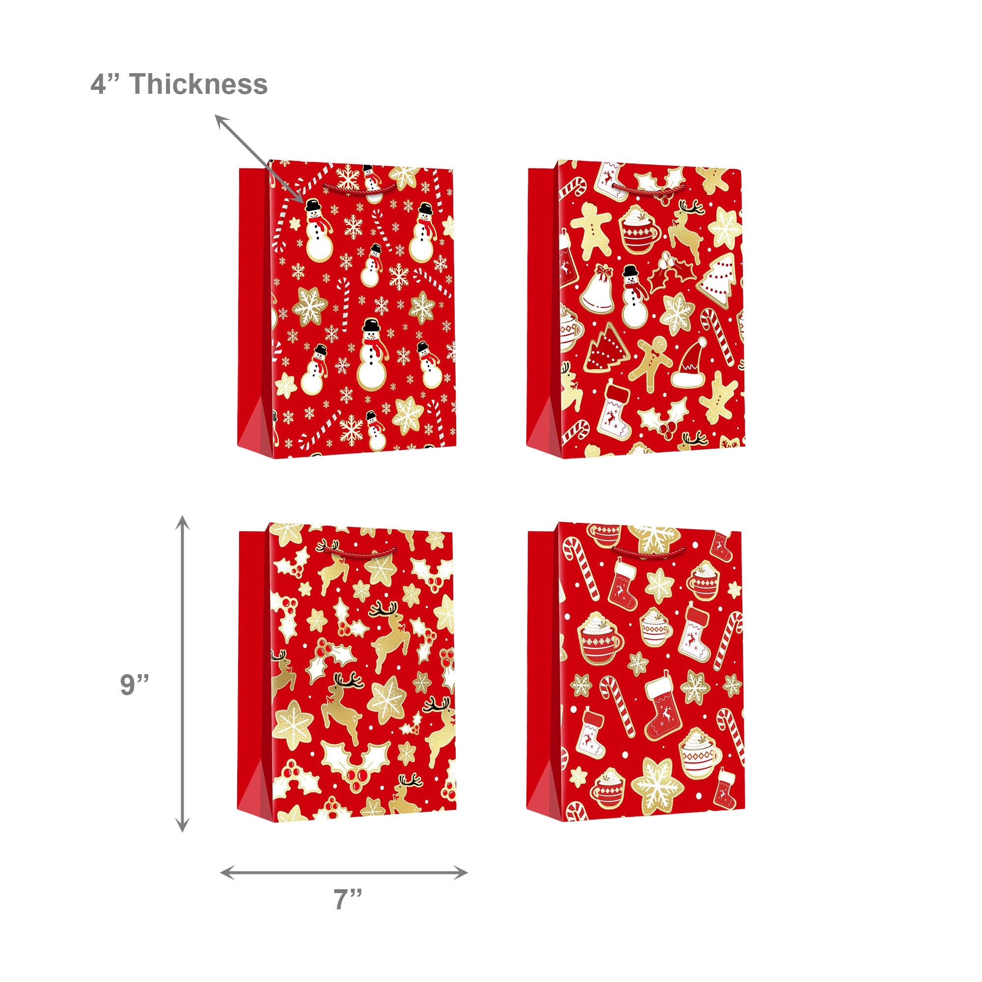 Christmas Gift Bags Red & Gold Festive Icons Assorted Medium, Christmas, Holiday Decor- Set of 12
