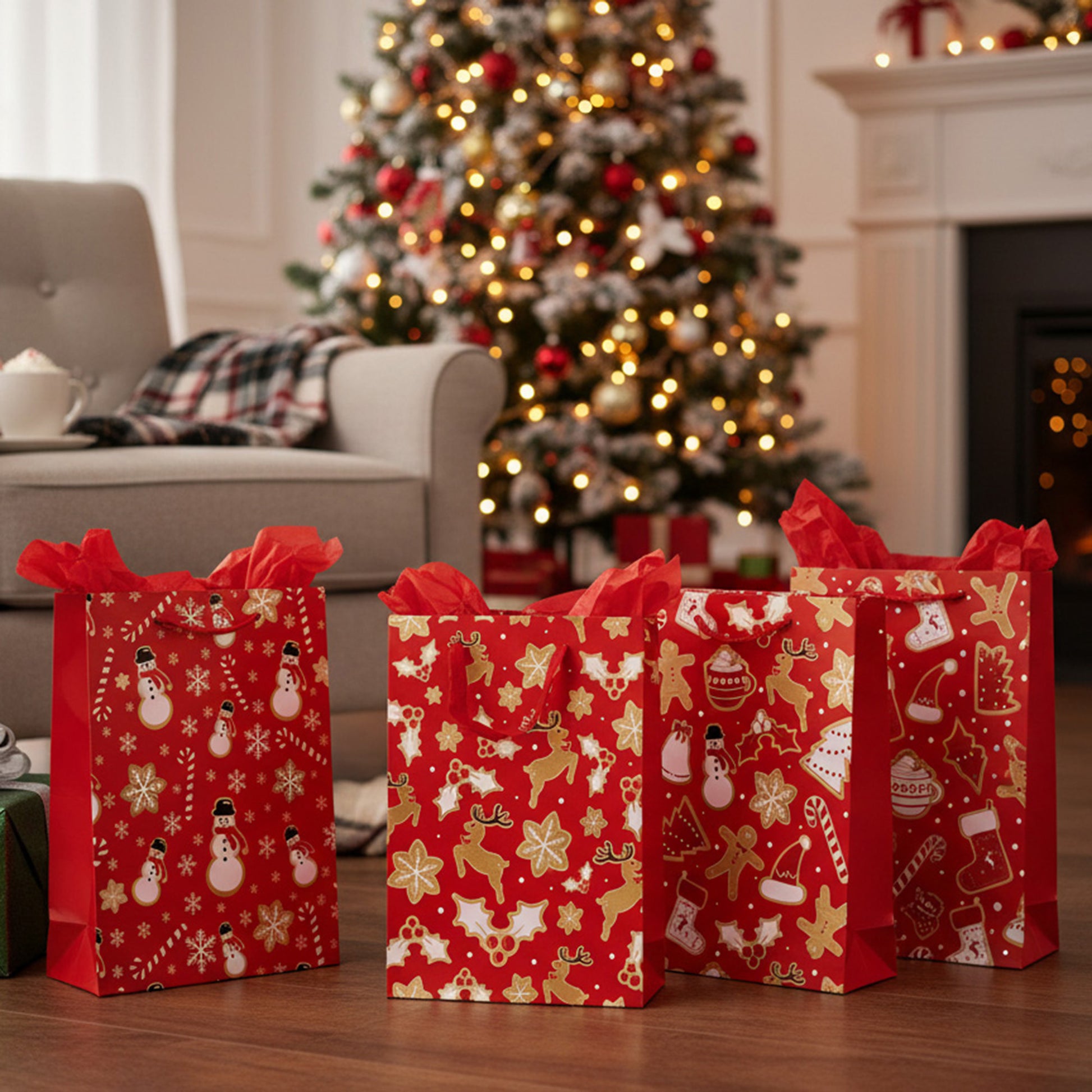 Christmas Gift Bags Red & Gold Festive Icons Assorted Medium, Christmas, Holiday Decor- Set of 12