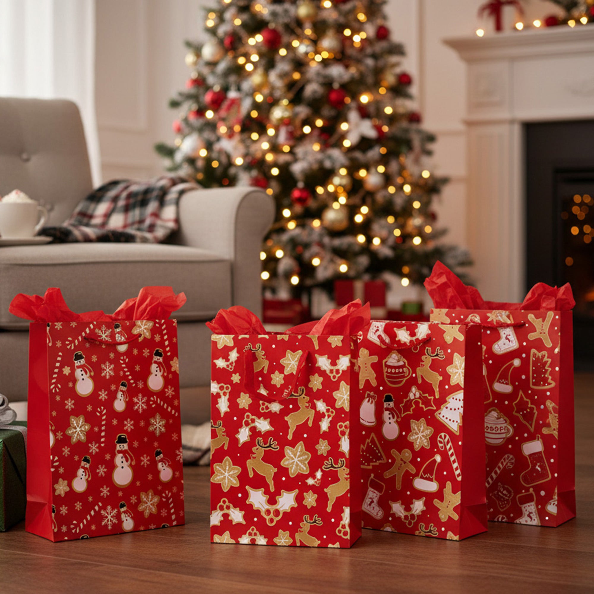 Christmas Gift Bags Red & Gold Festive Icons Assorted Medium, Christmas, Holiday Decor- Set of 12
