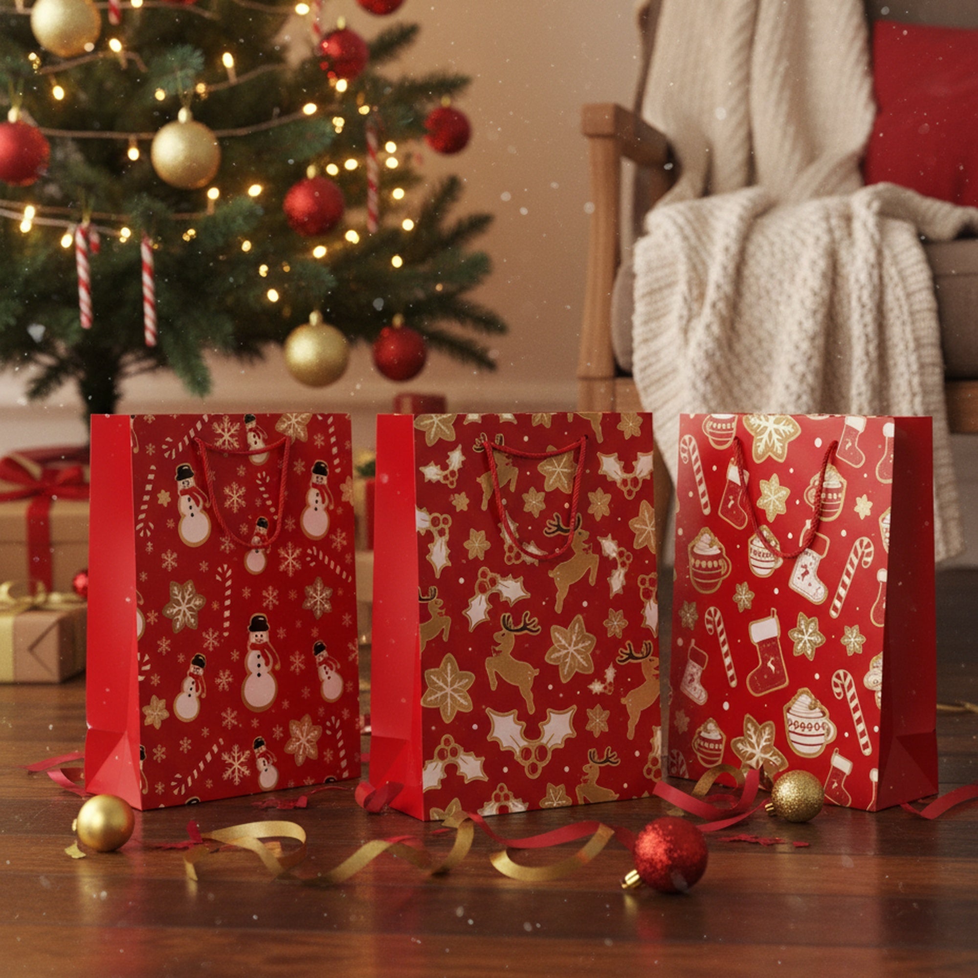 Christmas Gift Bags Red & Gold Festive Icons Assorted Medium, Christmas, Holiday Decor- Set of 12