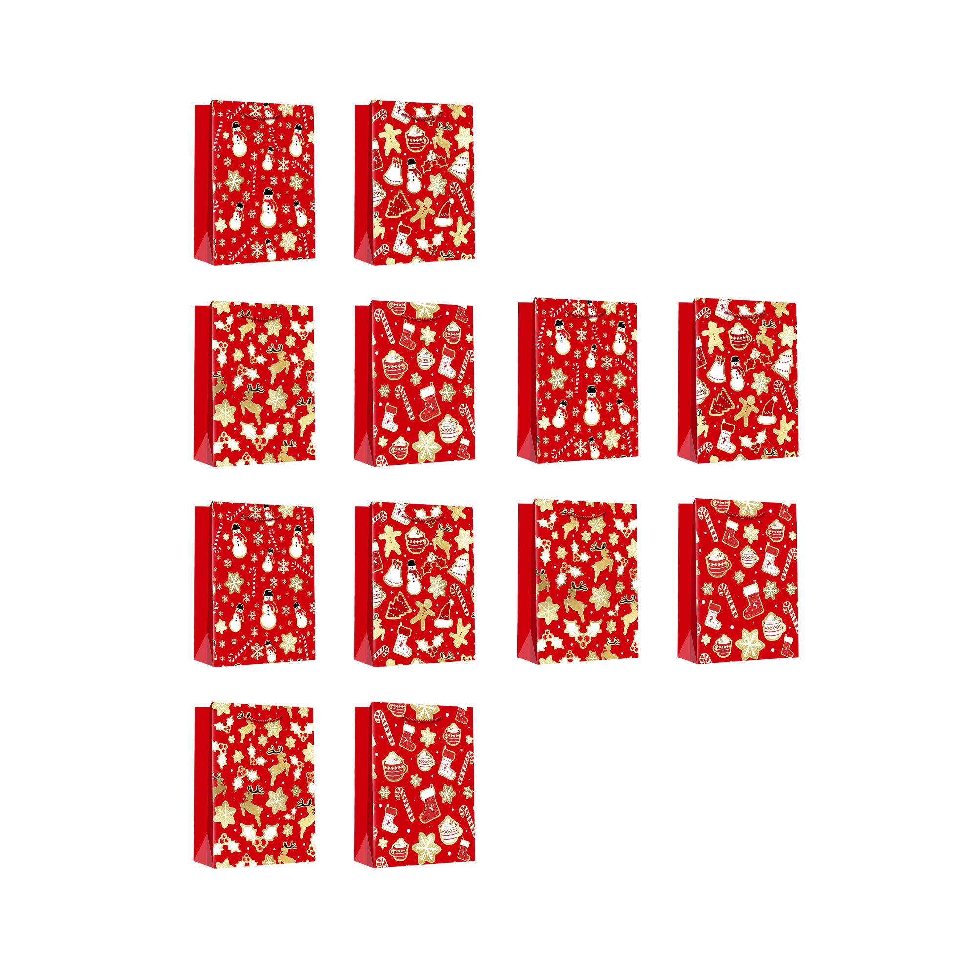 Christmas Gift Bags Red & Gold Festive Icons Assorted Medium, Christmas, Holiday Decor- Set of 12