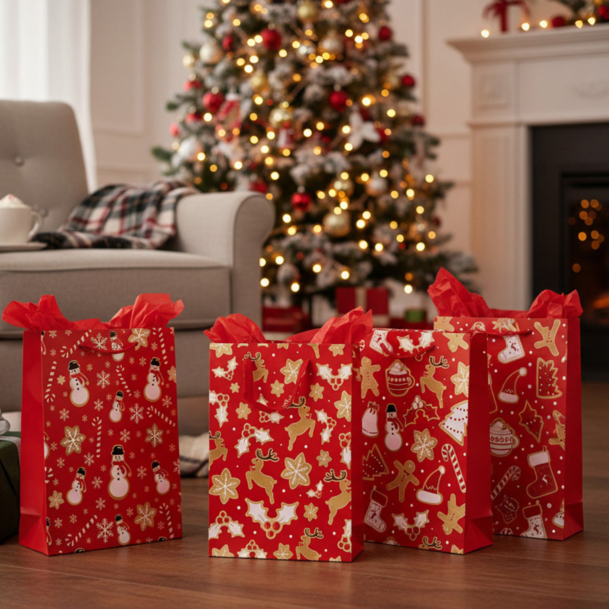Christmas Gift Bags Red & Gold Festive Icons Assorted Large, Christmas, Holiday Decor- Set of 12