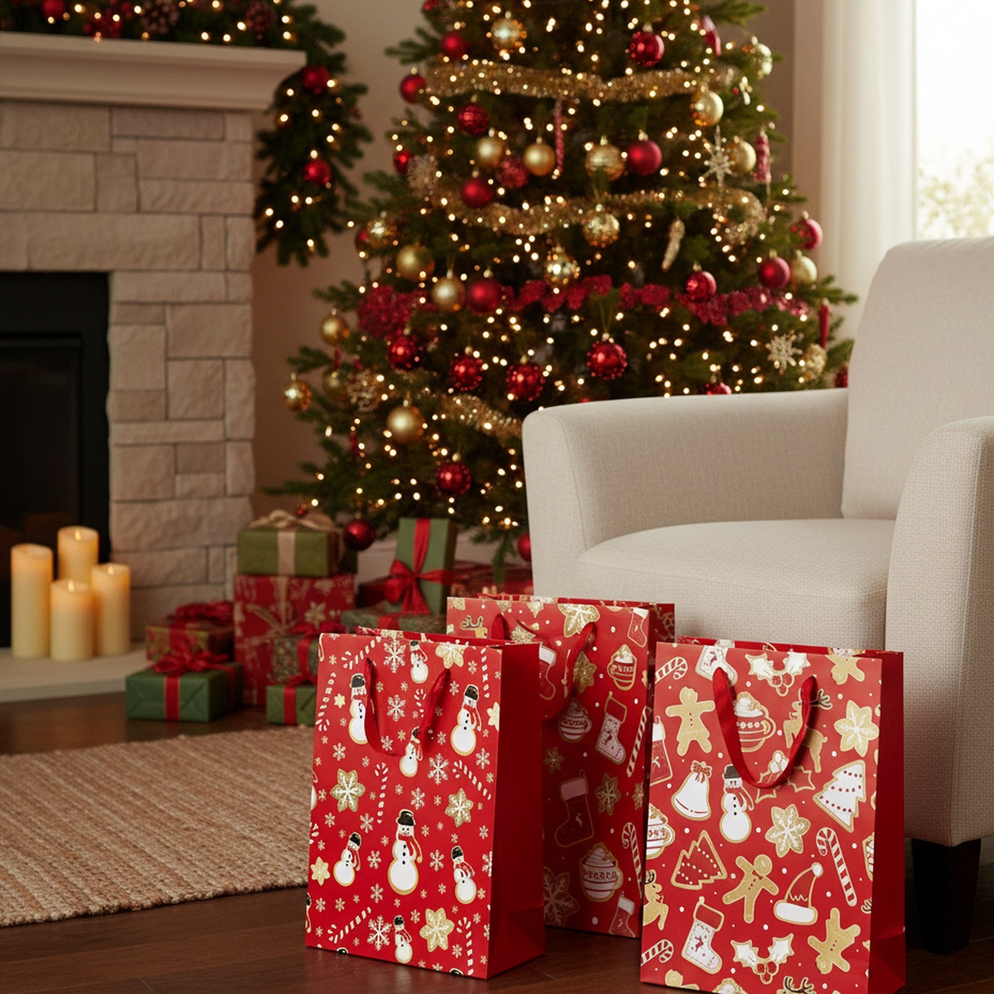 Christmas Gift Bags Red & Gold Festive Icons Assorted Large, Christmas, Holiday Decor- Set of 12