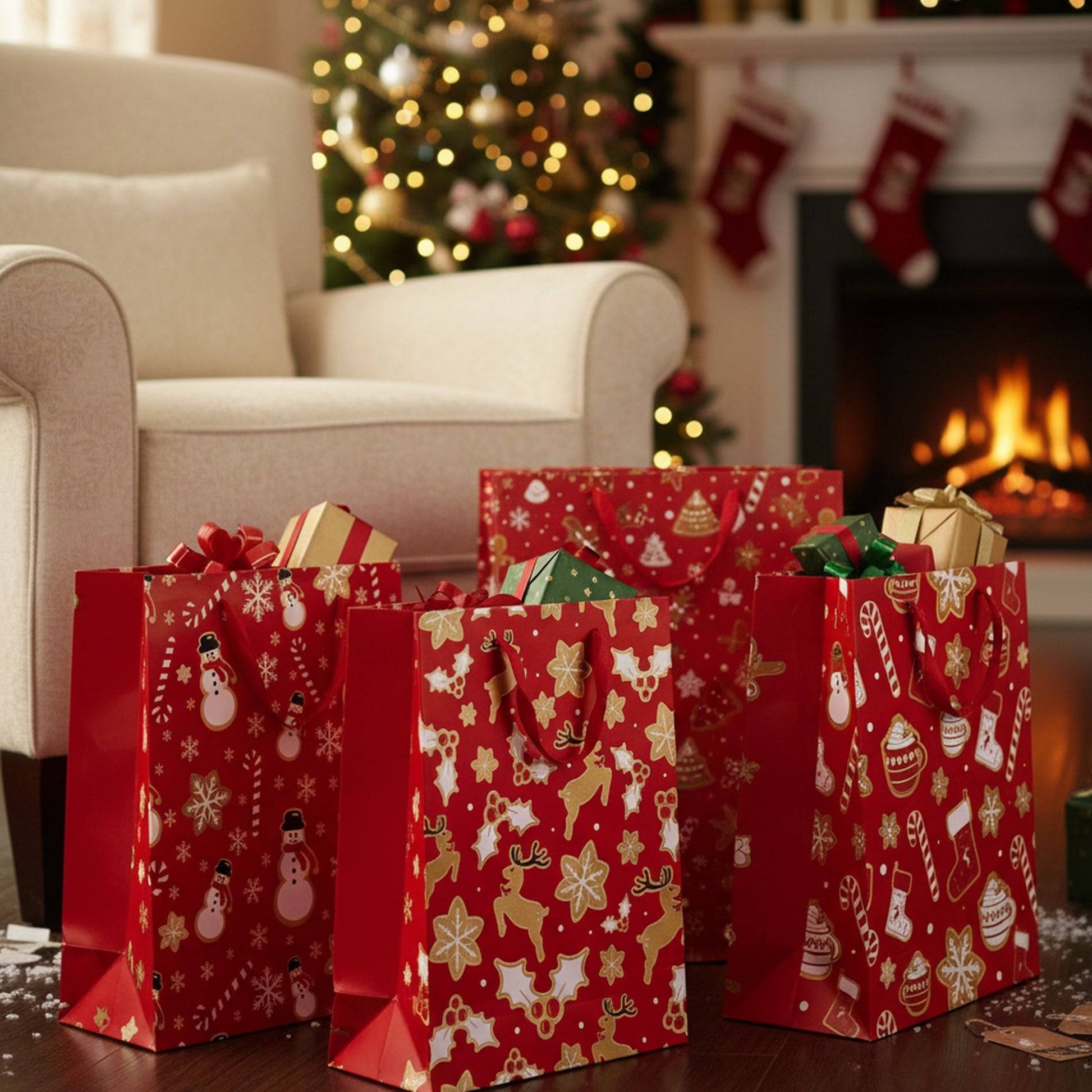 Christmas Gift Bags Red & Gold Festive Icons Assorted Large, Christmas, Holiday Decor- Set of 12