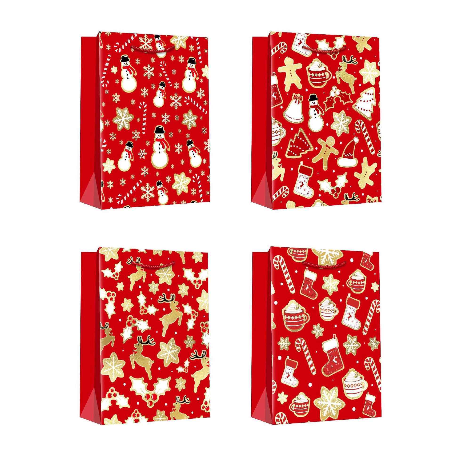 Christmas Gift Bags Red & Gold Festive Icons Assorted Large, Christmas, Holiday Decor- Set of 12