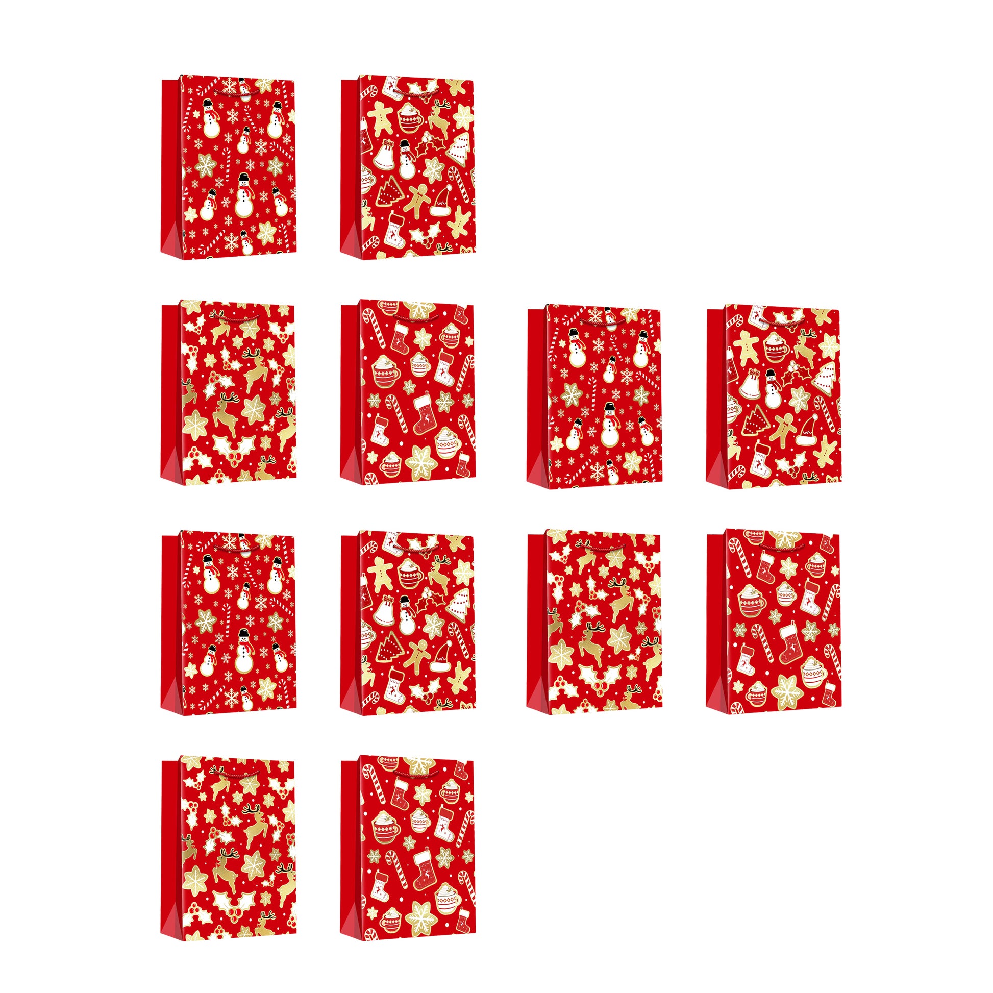 Christmas Gift Bags Red & Gold Festive Icons Assorted Large, Christmas, Holiday Decor- Set of 12