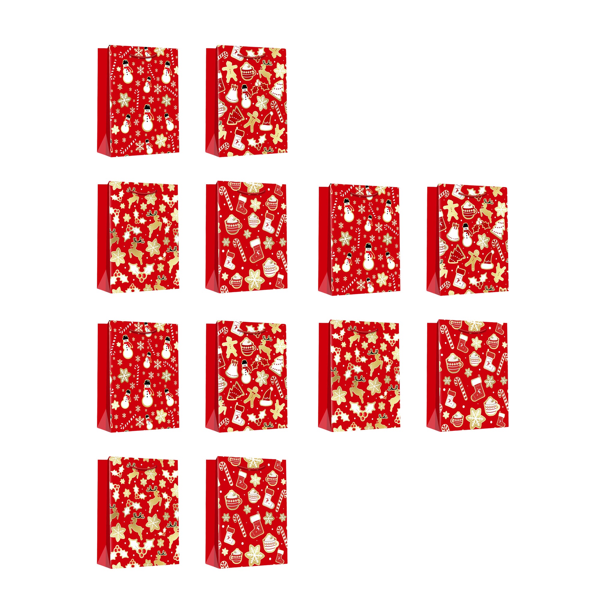 Christmas Gift Bags Red & Gold Festive Icons Assorted Large, Christmas, Holiday Decor- Set of 12
