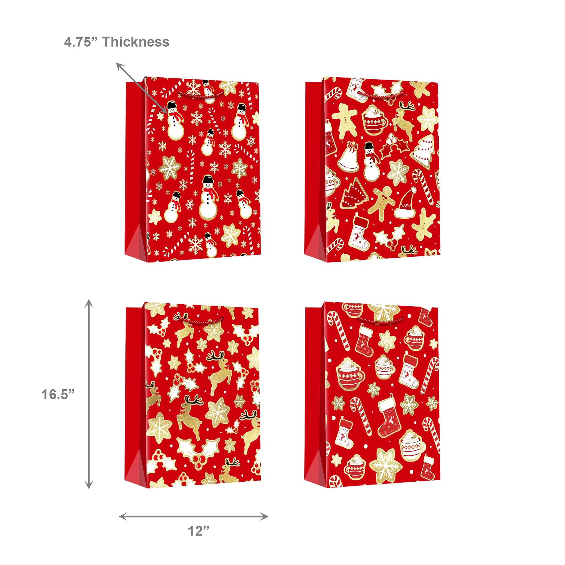 Christmas Gift Bags Red & Gold Festive Icons Assorted Extra Large, Christmas, Holiday Decor- Set of 12