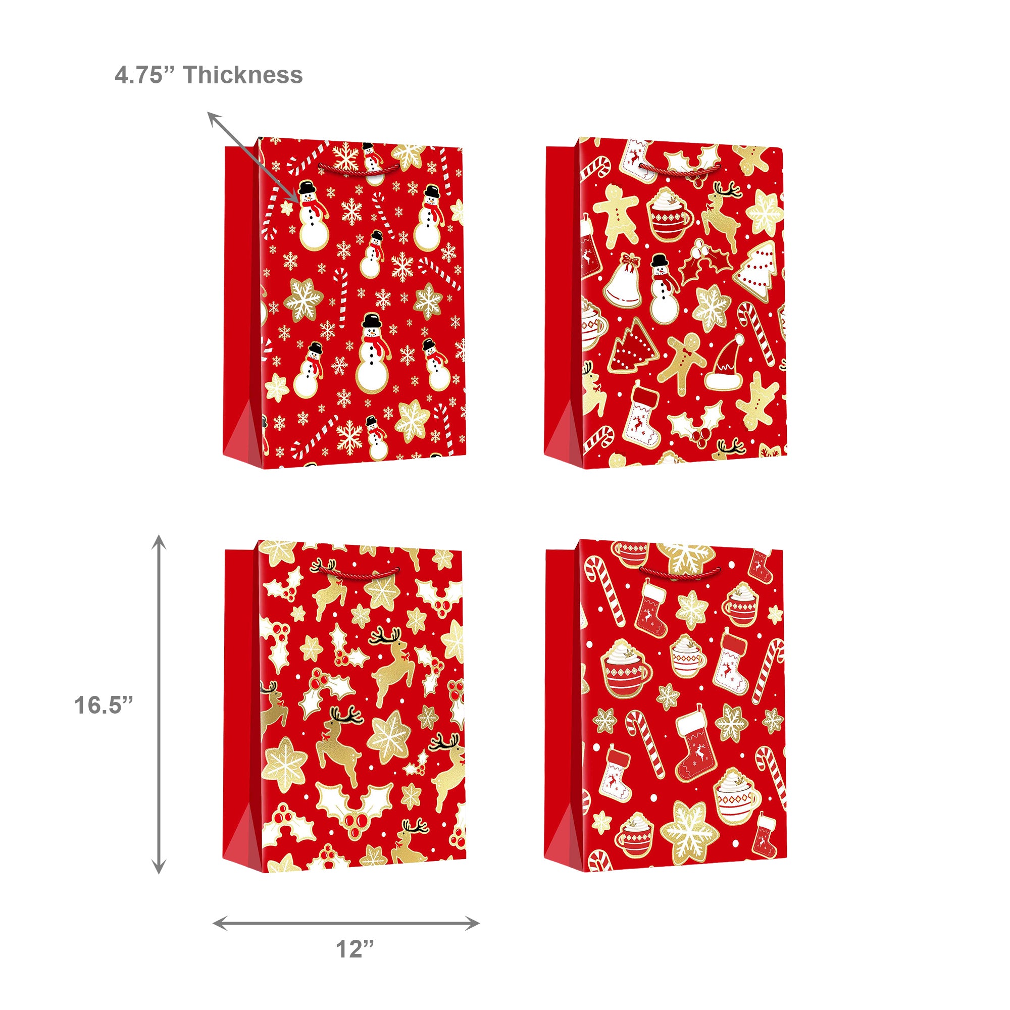 Christmas Gift Bags Red & Gold Festive Icons Assorted Extra Large, Christmas, Holiday Decor- Set of 12