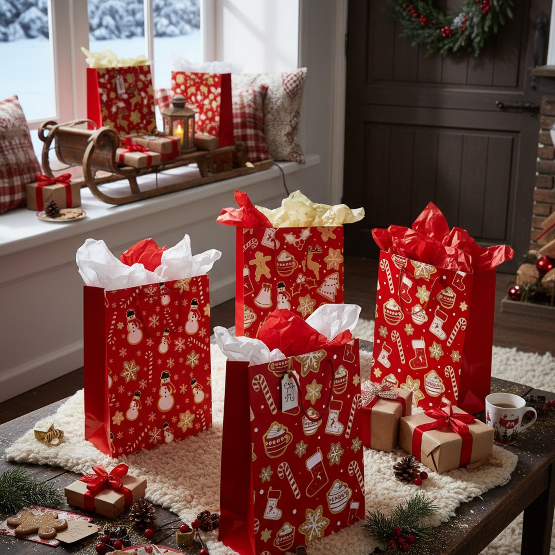 Christmas Gift Bags Red & Gold Festive Icons Assorted Extra Large, Christmas, Holiday Decor- Set of 12
