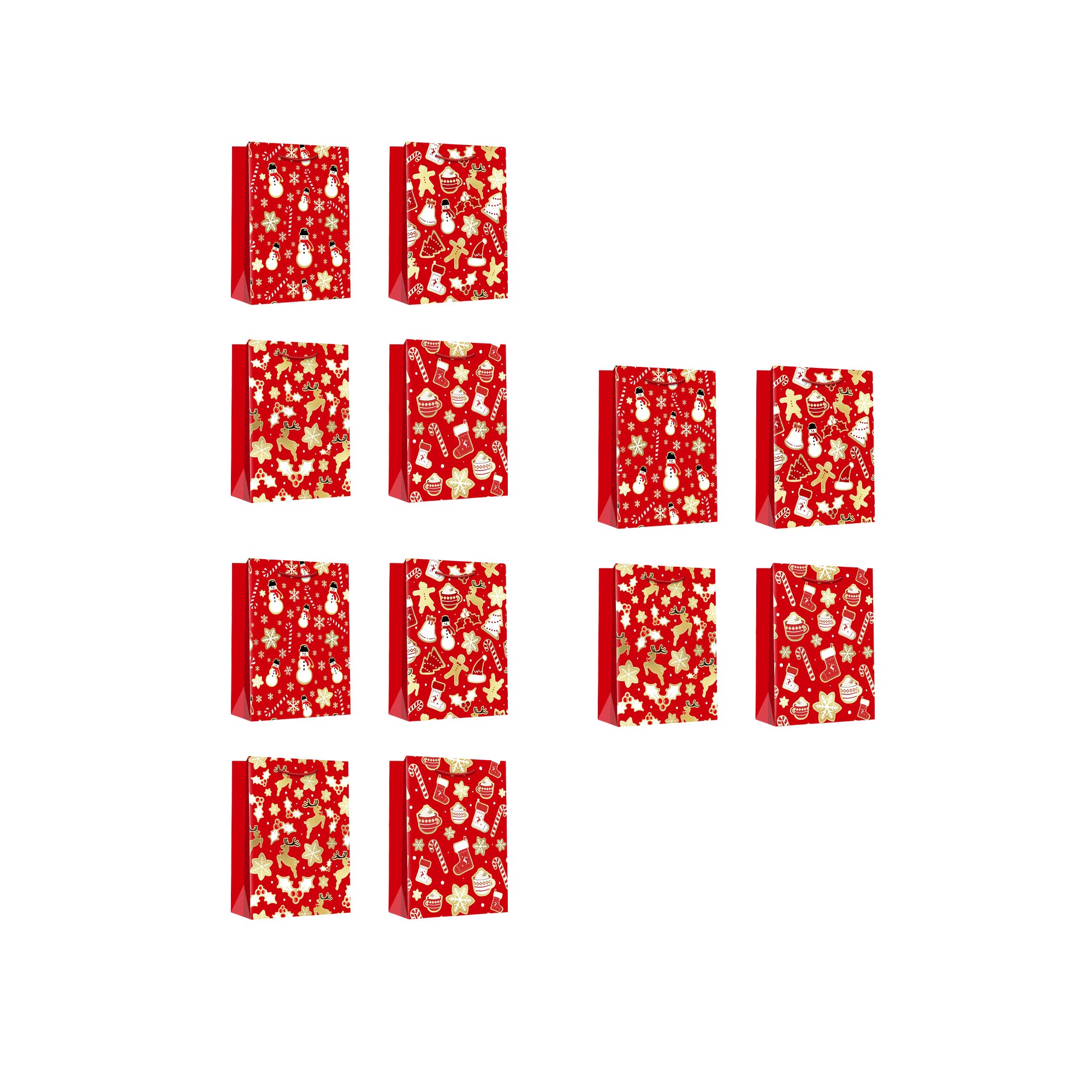 Christmas Gift Bags Red & Gold Festive Icons Assorted Extra Large, Christmas, Holiday Decor- Set of 12