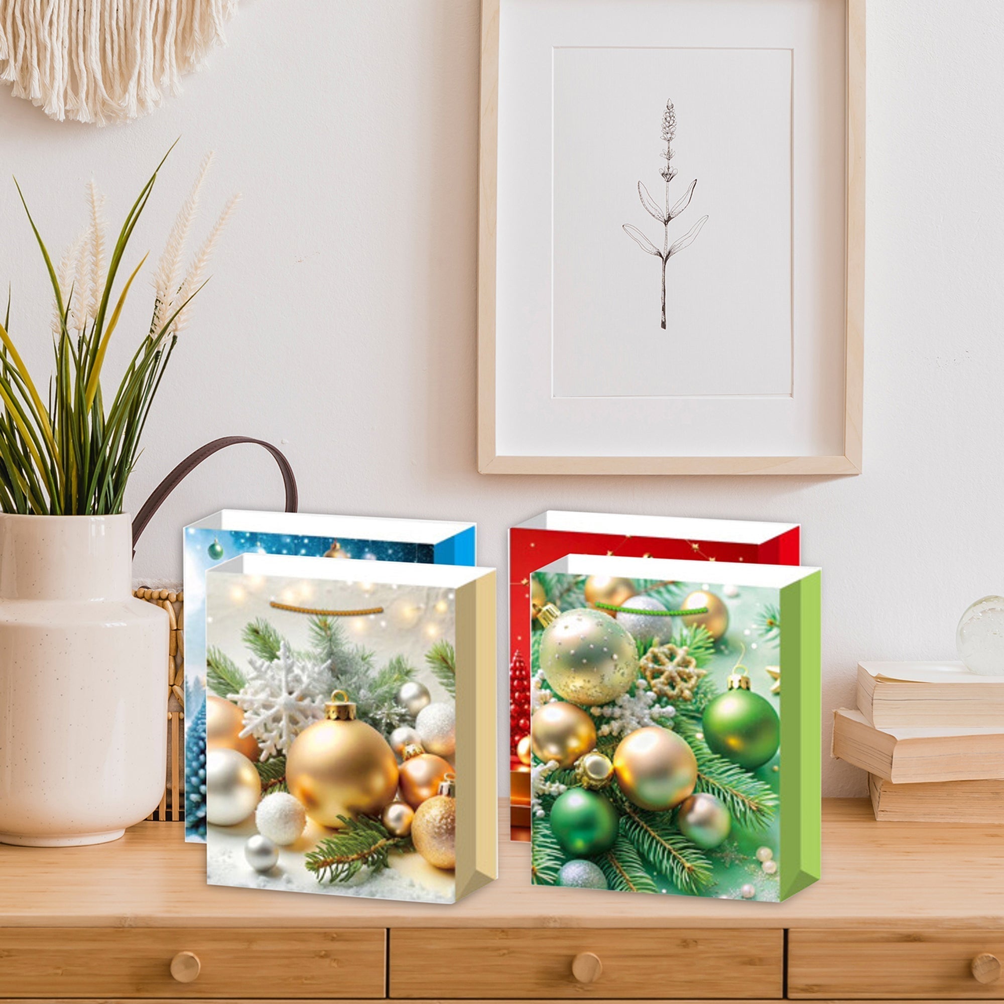Christmas Gift Bags Set of 12 Tree/Ornaments Medium – Holiday Gift Bag, Christmas Packaging, Festive Party Bags