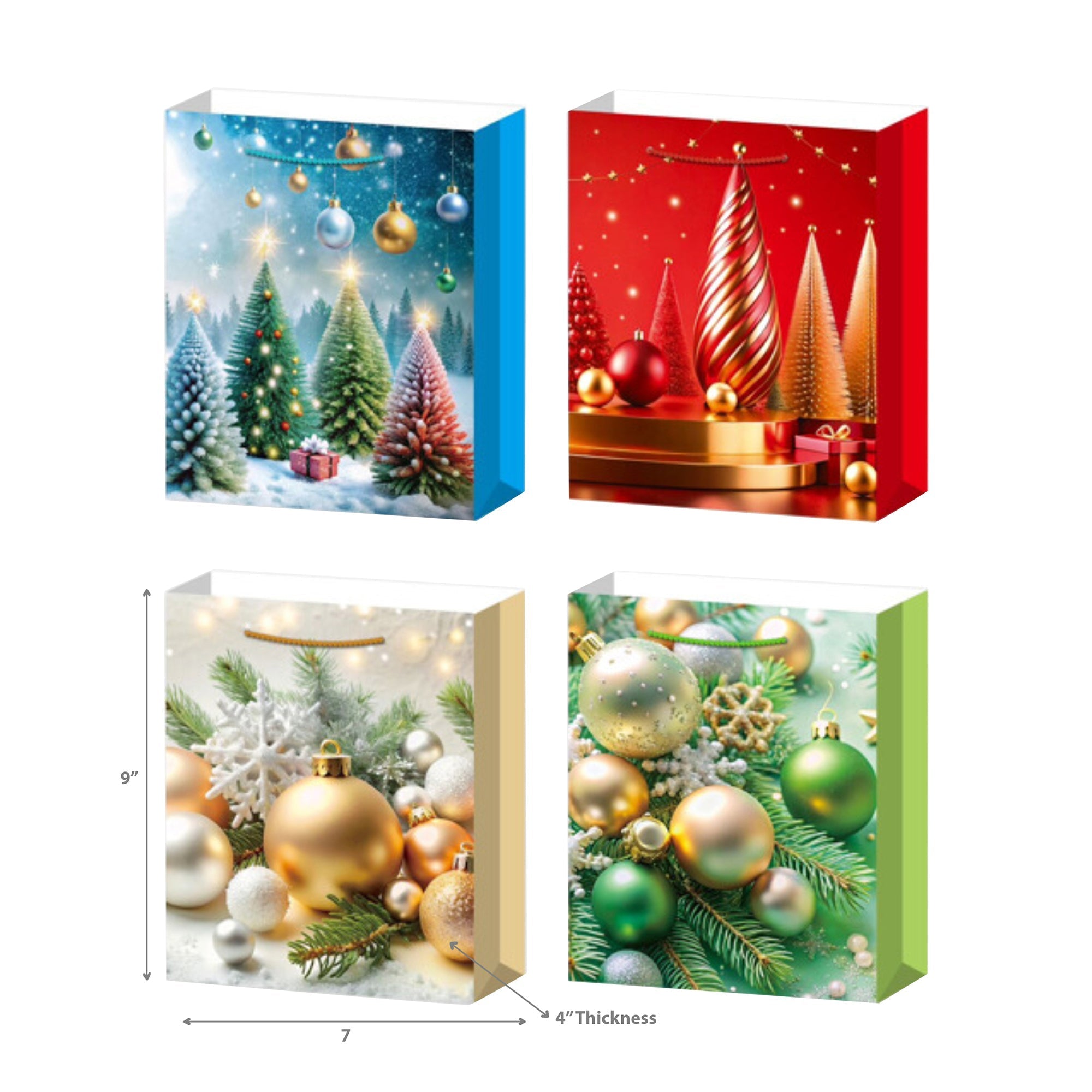 Christmas Gift Bags Set of 12 Tree/Ornaments Medium – Holiday Gift Bag, Christmas Packaging, Festive Party Bags