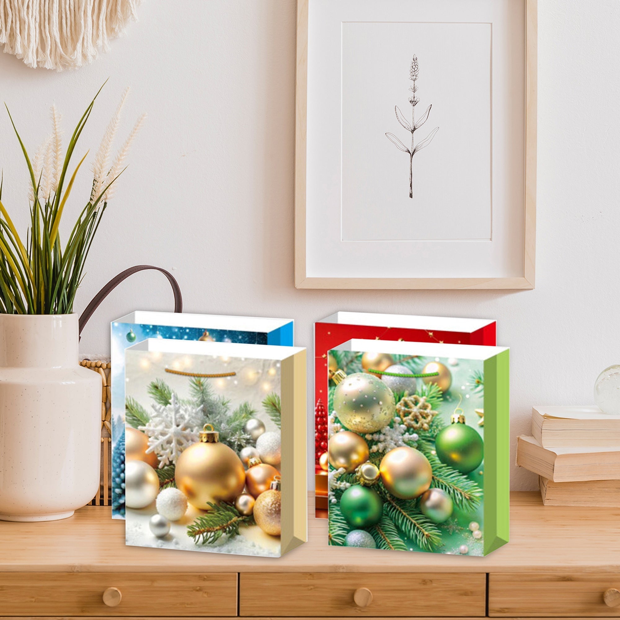 Christmas Gift Bags Set of 12 Tree/Ornaments X-Large – Holiday Gift Bag, Christmas Packaging, Festive Party Bags