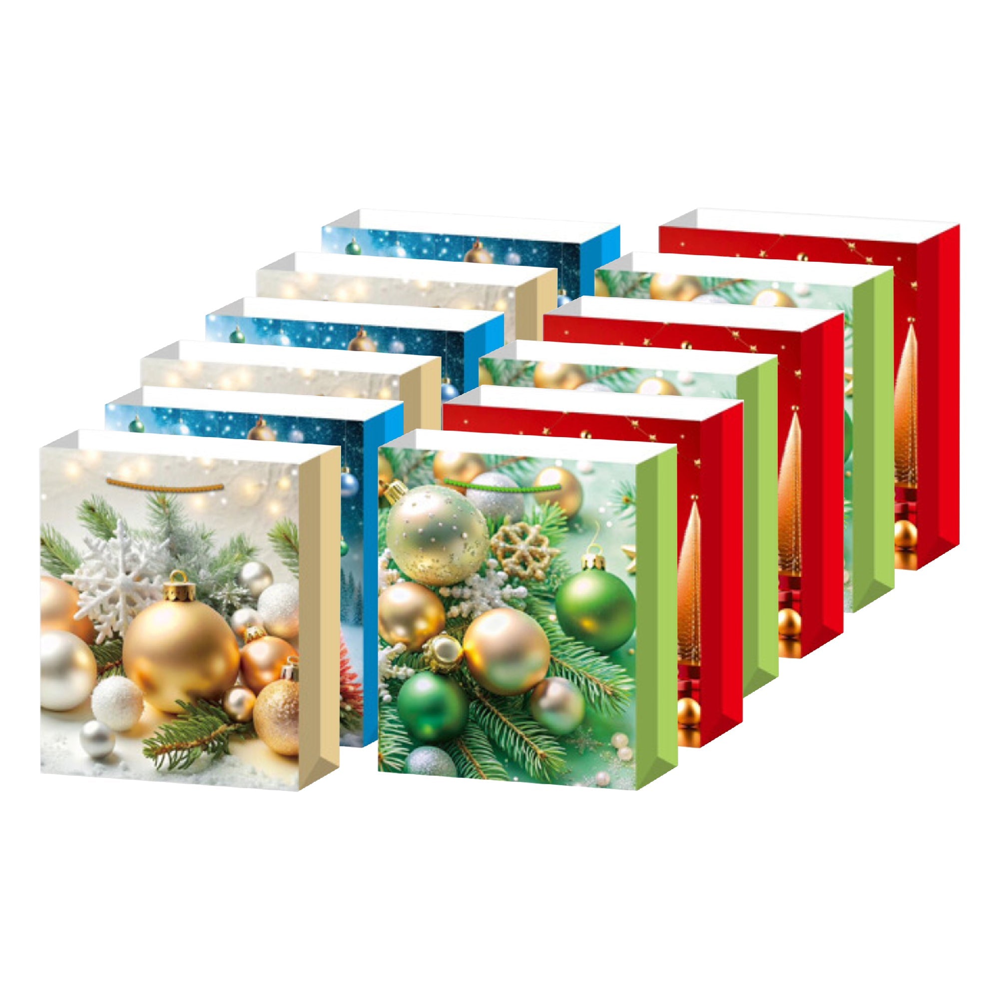Christmas Gift Bags Set of 12 Tree/Ornaments X-Large – Holiday Gift Bag, Christmas Packaging, Festive Party Bags